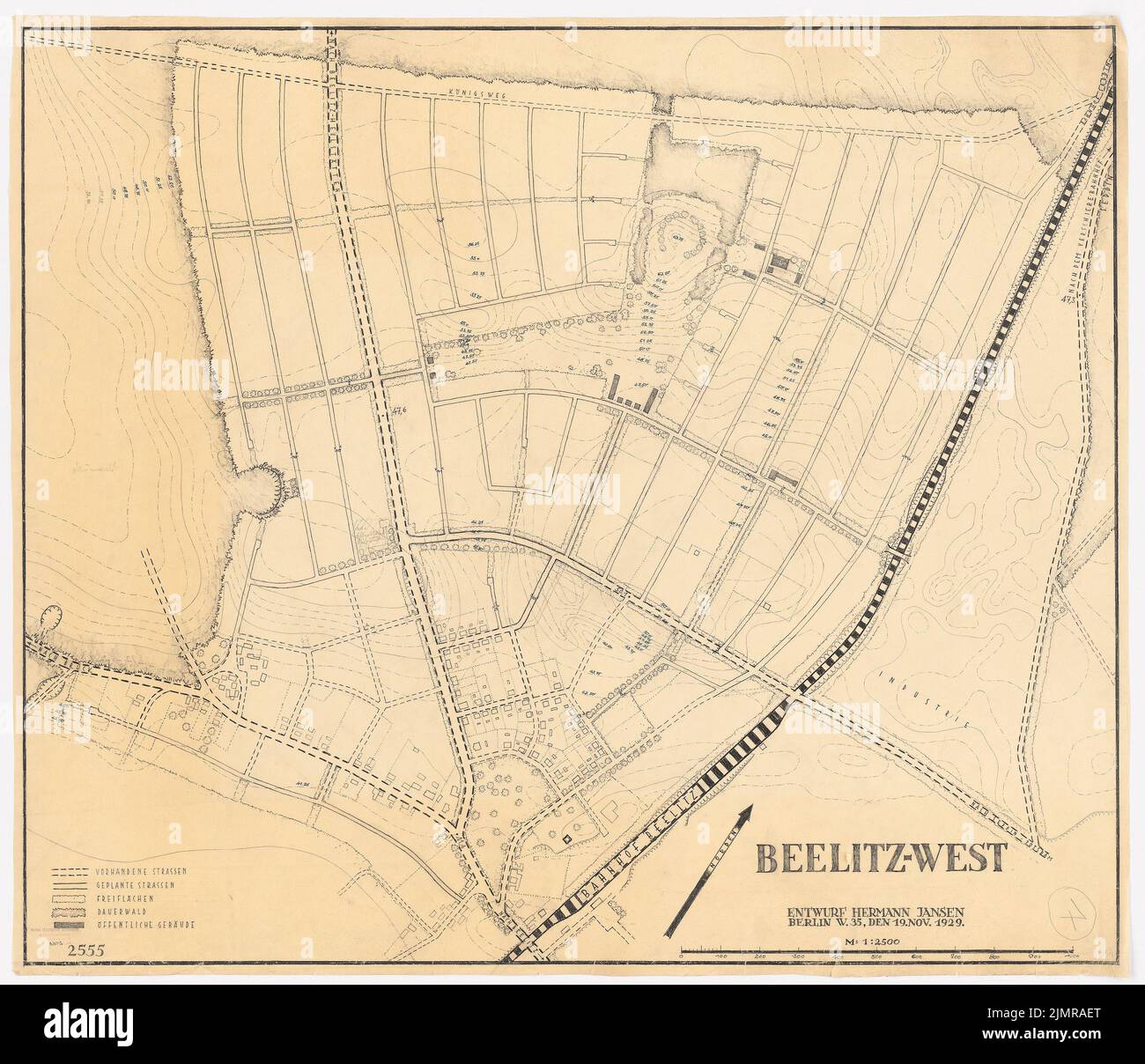 Jansen Hermann (1869-1945), Bebauungsplan der Beelitz-Stadterweiterung (19. November 1929): Je Plan Westteil 1: 2500. Bleistift auf transparent, 100,2 x 116,5 cm (inklusive Scankanten) Jansen Hermann (1869-1945): Bauplan der Stadterweiterung Beelitz Stockfoto