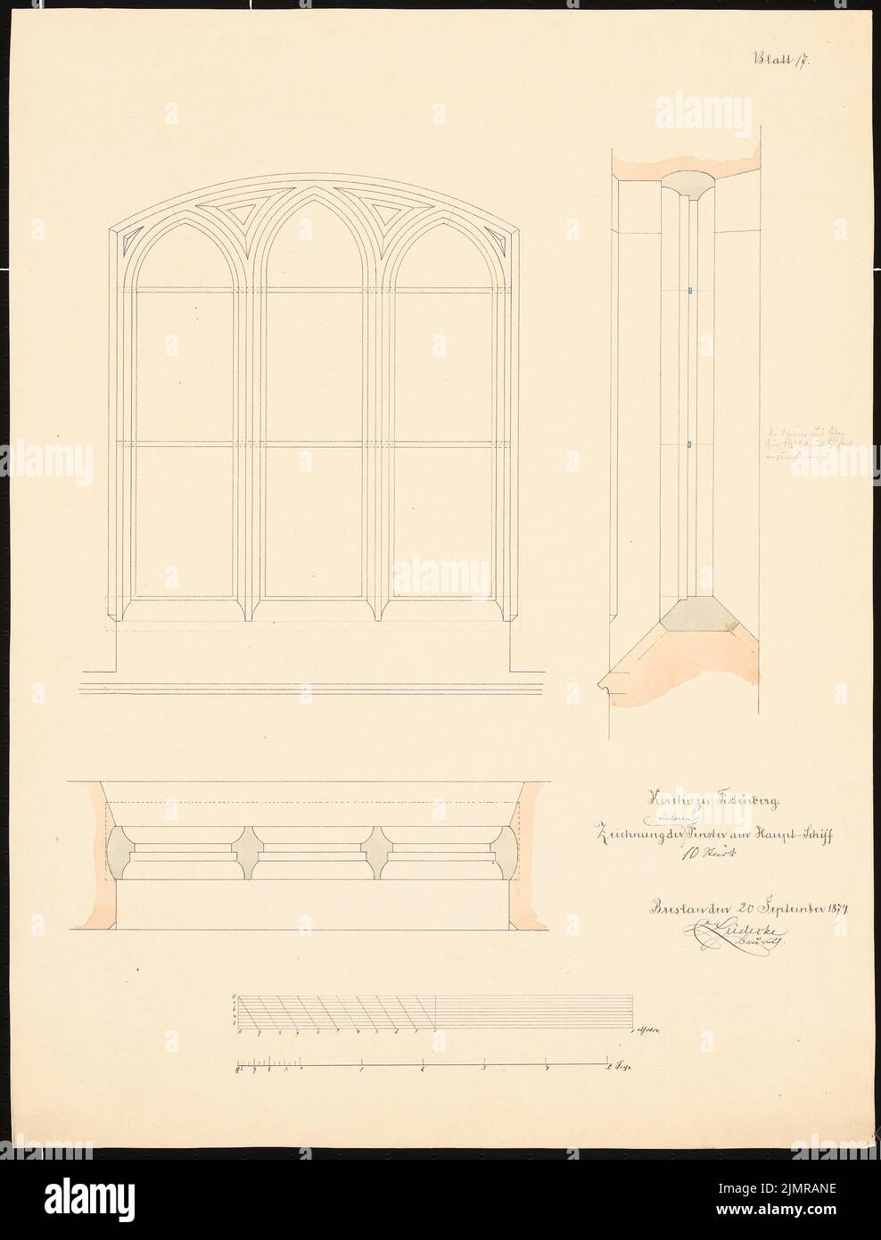 Lüdecke Carl Johann Bogislaw (1826-1894), Evangelische Kirche in Festenberg (20. September 1874): Rising, Grundriß und Schnitt des Fenstertyps im langen Schiff, Massstab. Tusche und Bleistift Aquarell auf der Schachtel, 58,8 x 44,7 cm (inklusive Scankanten) Lüdecke Carl Johann Bogislaw (1826-1894): Evangelische Kirche, Festenberg Stockfoto