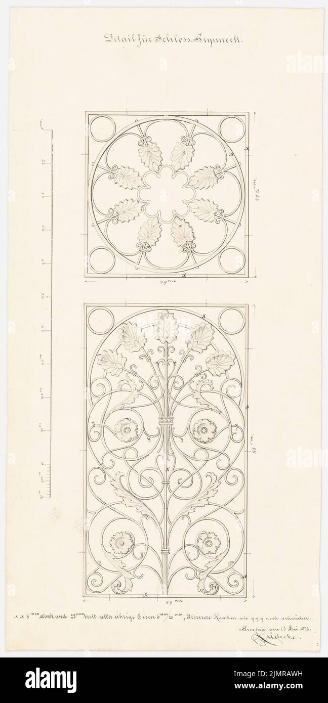 Lüdecke Carl Johann Bogislaw (1826-1894), Schloss Brynnek bei Tworog. Erweiterung (13. Mai 1872): Details, Skalenbalken. Bleistift und Tinte Aquarell auf der Schachtel, 43,7 x 21,8 cm (inklusive Scankanten) Lüdecke Carl Johann Bogislaw (1826-1894): Schloss Brynnek bei Tworog. Erweiterndungsbau Stockfoto