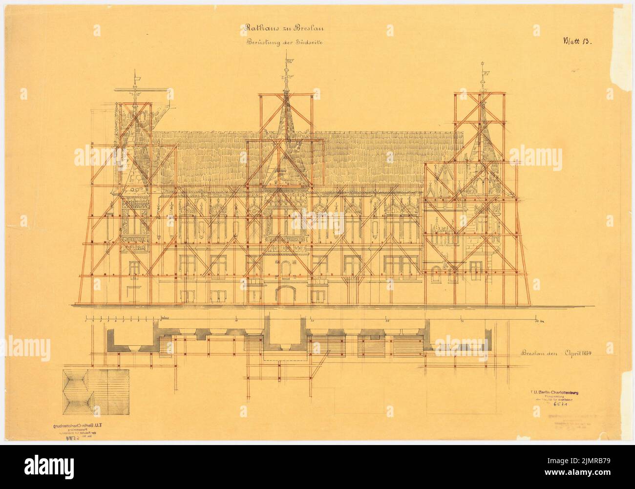 Lüdecke Carl Johann Bogislaw (1826-1894), Rathaus in Breslau. Umbau (04,1884): Riss- und Teilgeschossplan der ausgerüsteten Südfassade, Scale-Bar. Tusche, Bleistift, Tusche farbig, Aquarell auf transparent, 48,8 x 69,6 cm (inklusive Scankanten) Lüdecke Carl Johann Bogislaw (1826-1894): Rathaus, Breslau. Umbau Stockfoto