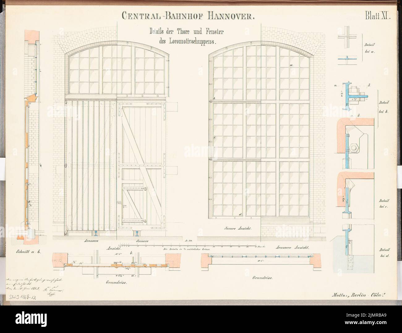 Cramer Friedrich, Hauptbahnhof in Hannover. Schinkel-Wettbewerb 1869 (1869): Lokomotvschuppen, Fenster und Türen: Grundrisse, Vorderansicht oben, Schnitt 1:24; Details; Maßstabsbalken. Tusche Aquarell auf der Schachtel, 46,7 x 61,5 cm (inklusive Scan-Kanten) Cramer Friedrich : Hauptbahnhof Hannover. Schinkelwettbewerb 1869 Stockfoto