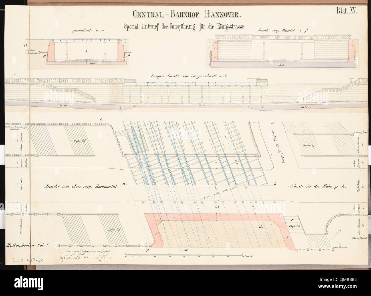 Cramer Friedrich, Hauptbahnhof in Hannover. Schinkel-Wettbewerb 1869 (1869): Straßenüberführungen: (Lageplan mit) Grundriss (verschiedene Ebenen), Seitenriss, Längsschnitt, Querschnitte 1: 120; Maßstabsbalken. Tusche Aquarell auf der Schachtel, 47,6 x 65,3 cm (inklusive Scan-Kanten) Cramer Friedrich : Hauptbahnhof Hannover. Schinkelwettbewerb 1869 Stockfoto