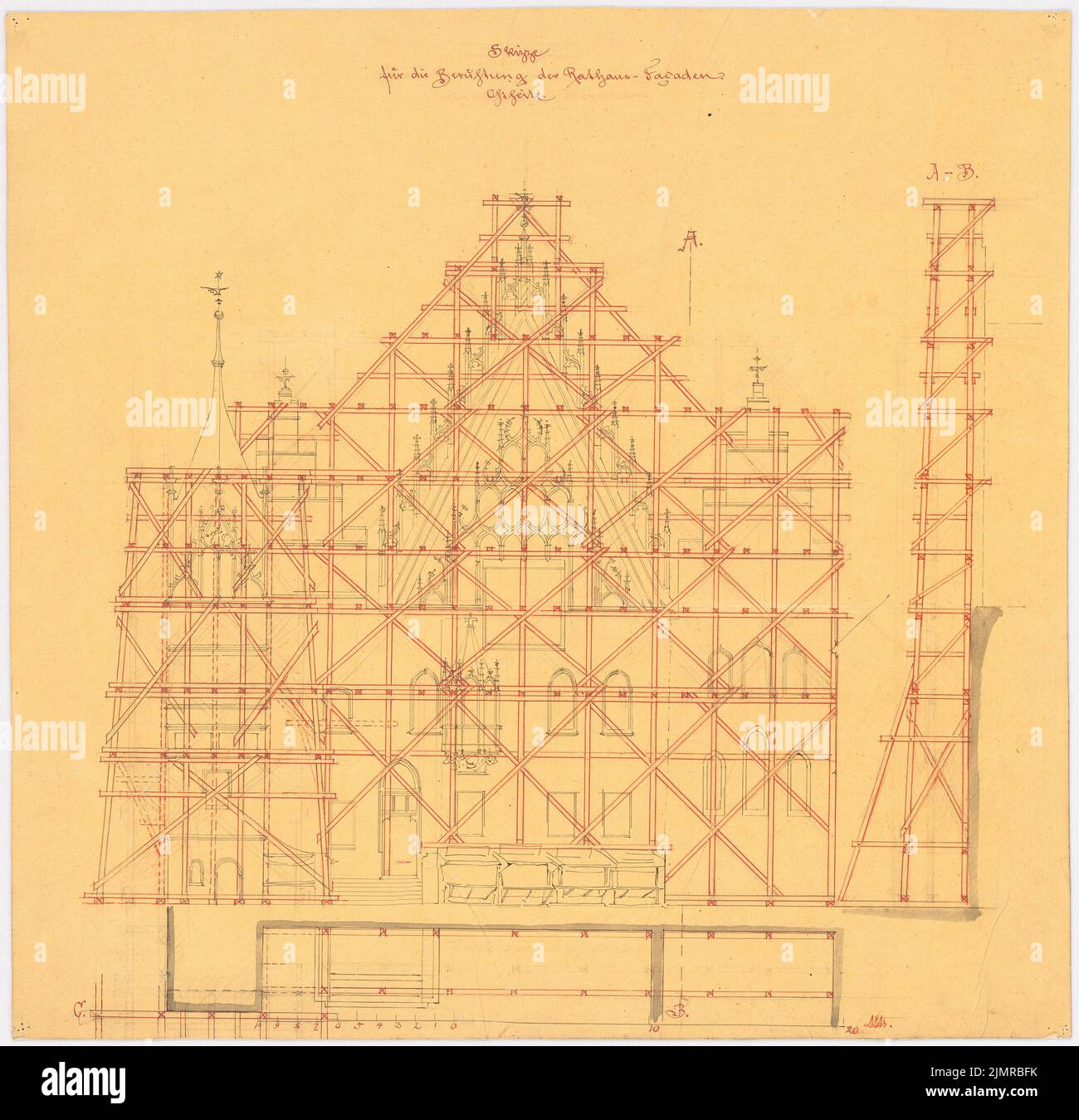 Lüdecke Carl Johann Bogislaw (1826-1894), Rathaus in Breslau. Umbau (1858-1858): Rising der ausgerüsteten Ostfassade mit einem partiellen Schnitt und einem partiellen Grundriß des Gerüsts, Skalenbalken. Tusche, Bleistift, Tusche farbig, Aquarell auf transparent, 43,8 x 45,2 cm (inklusive Scankanten) Lüdecke Carl Johann Bogislaw (1826-1894): Rathaus, Breslau. Umbau Stockfoto