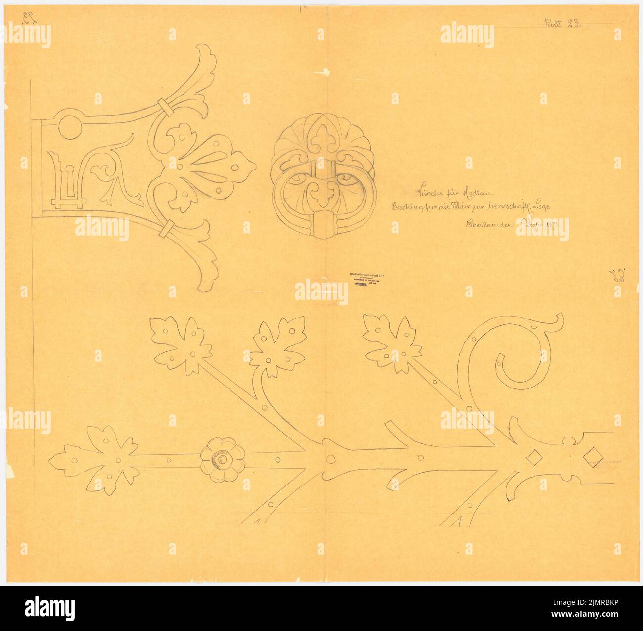 Lüdecke Carl Johann Bogislaw (1826-1894), Evangelische Kirche in Modlau. Rekonstruktion (12,1875): Hinrichtung der Tür zur stattlichen Loge 1: 1. Bleistift auf Transparent, 90,7 x 99,5 cm (inklusive Scankanten) Lüdecke Carl Johann Bogislaw (1826-1894): Evangelische Kirche, Modlau. Wiederaufbau Stockfoto