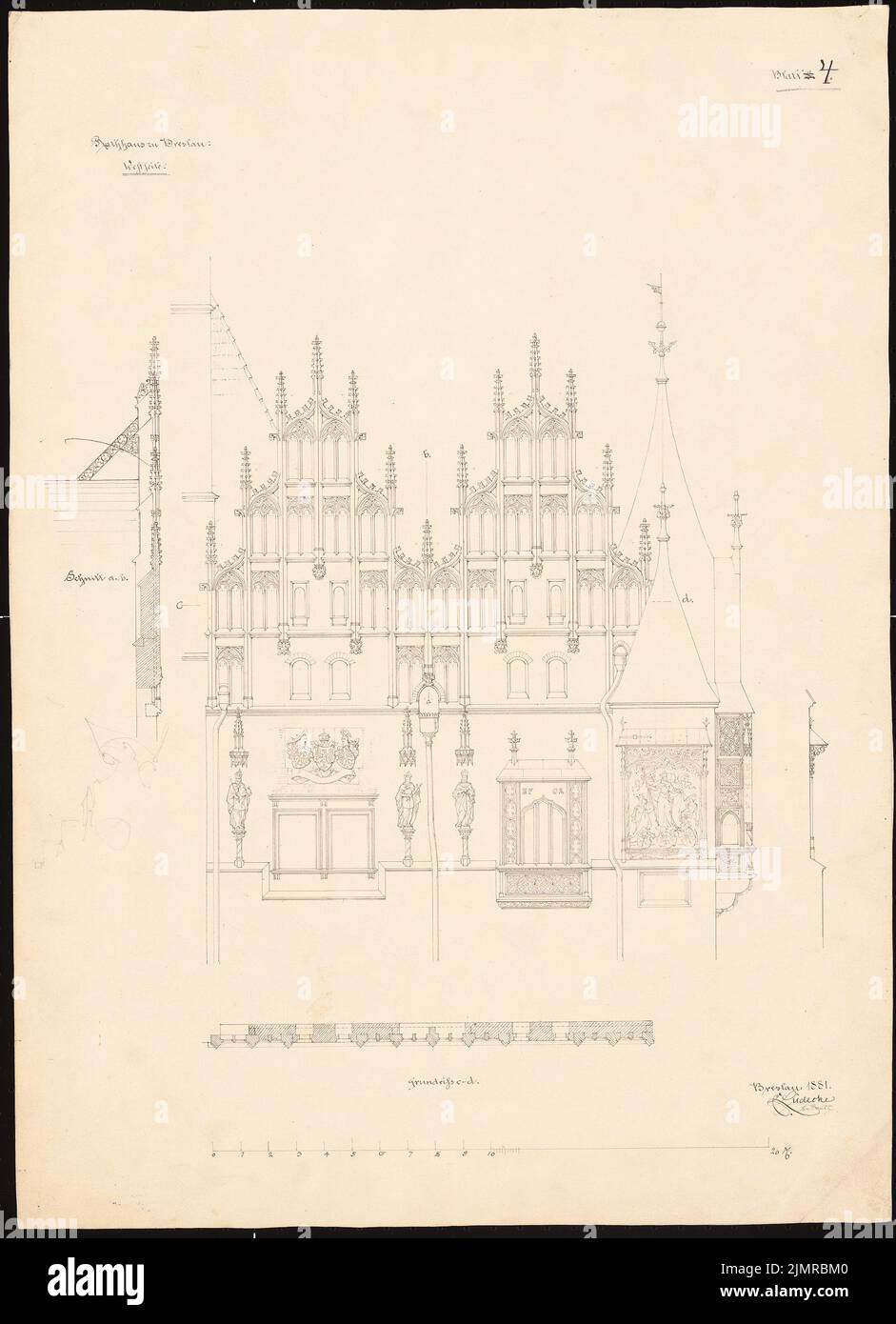 Lüdecke Carl Johann Bogislaw (1826-1894), Rathaus in Breslau. Umbau (1881): Teil-Riss der Westfassade und Grundriss und Schnitt der Fassade. Tusche und Bleistift auf Karton, 64,7 x 46,9 cm (inklusive Scankanten) Lüdecke Carl Johann Bogislaw (1826-1894): Rathaus, Breslau. Umbau Stockfoto