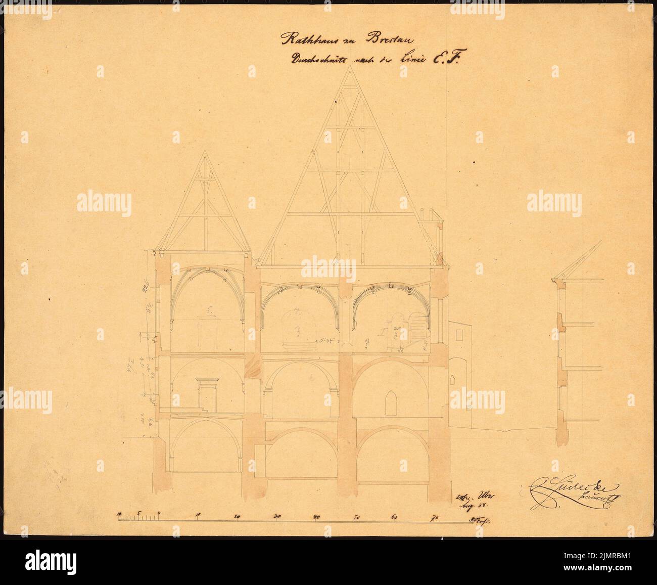 Lüdecke Carl Johann Bogislaw (1826-1894), Rathaus in Breslau. Konvertierung (08,1858): Querschnitt. Tuser und Bleistift Aquarell bis transparent, 35,8 x 43,6 cm (inklusive Scankanten) Lüdecke Carl Johann Bogislaw (1826-1894): Rathaus, Breslau. Umbau Stockfoto