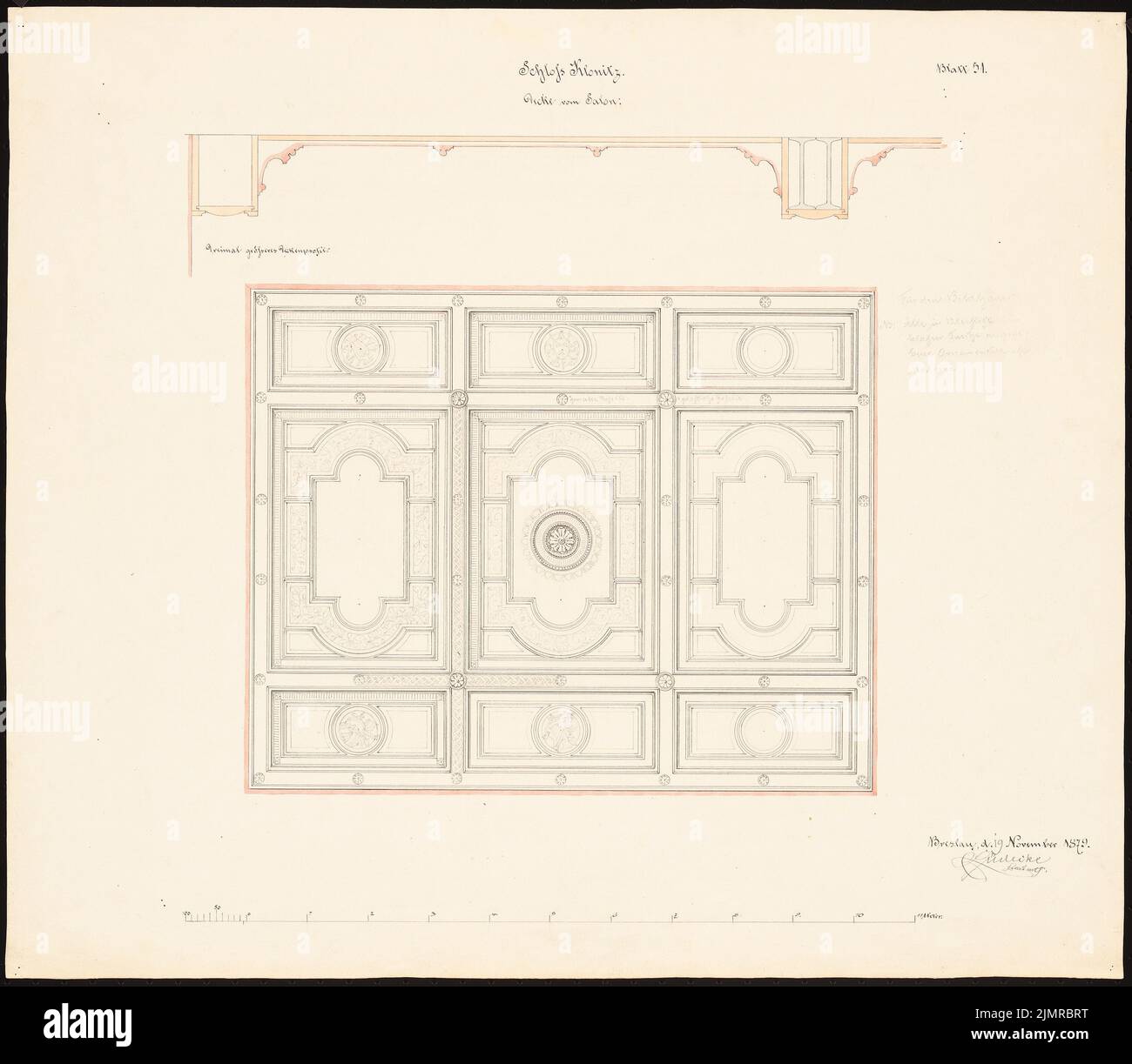 Lüdecke Carl Johann Bogislaw (1826-1894), Schloss Klonitz. Umbau und Erweiterung (19. November 1879): Deckenspiegel und Teilschnitt der Salondecke, Massstab. Tinte und Bleistift Aquarell auf der Schachtel, 48,5 x 55,6 cm (inklusive Scankanten) Lüdecke Carl Johann Bogislaw (1826-1894): Schloss Klonitz. Umbau und Ausbau Stockfoto