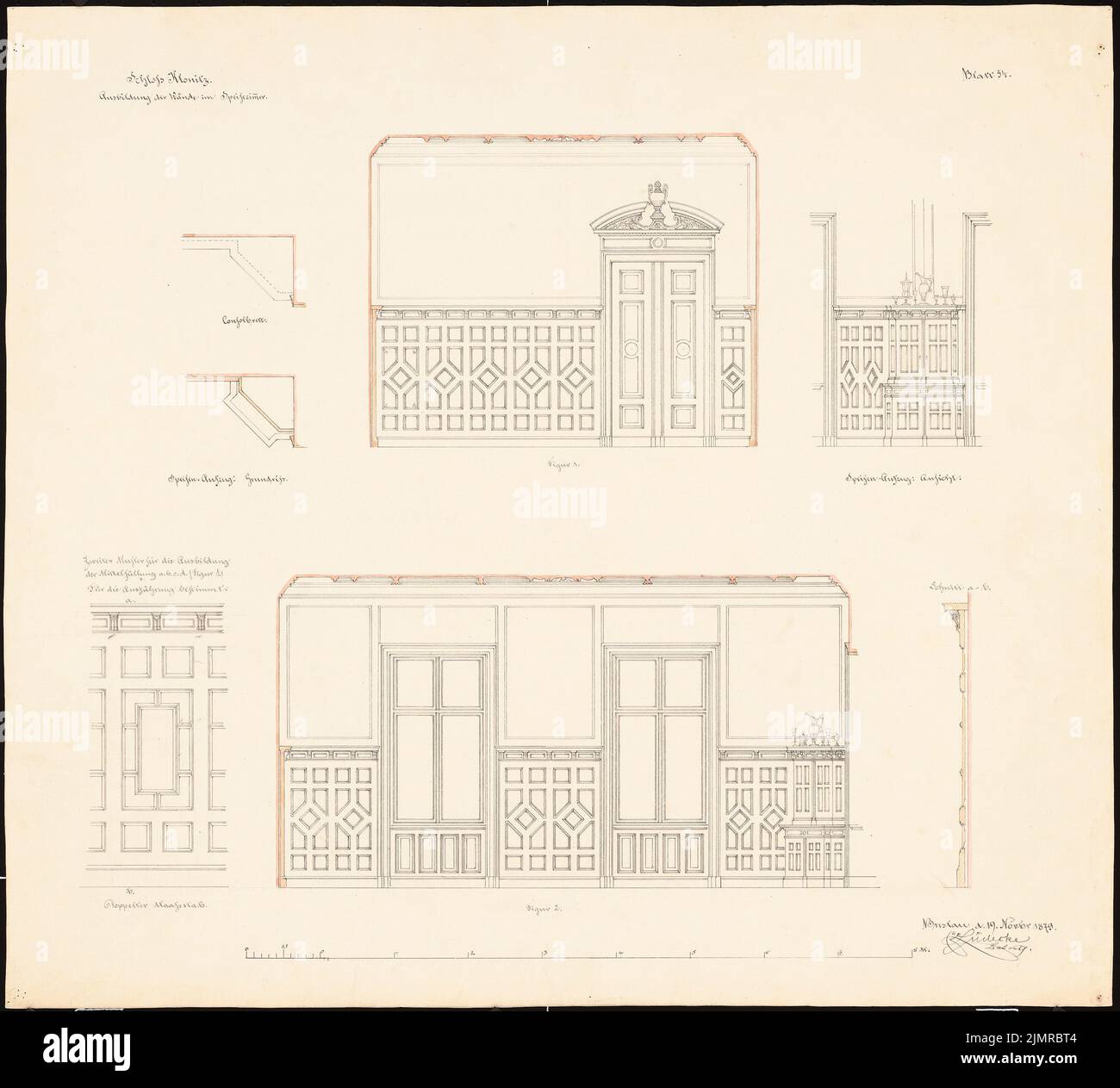 Lüdecke Carl Johann Bogislaw (1826-1894), Schloss Klonitz. Umbau und Erweiterung (19. November 1879): 2 Teilrisse, 2 Schnitte mit Wandrissen, 1 Durchschnitte durch die Wandverkleidung, Details der Wandverkleidung im Speisesaal, Scale-Bar. Tusche und Bleistift-Aquarell auf der Schachtel, 54,2 x 60 cm (inklusive Scankanten) Lüdecke Carl Johann Bogislaw (1826-1894): Schloss Klonitz. Umbau und Ausbau Stockfoto