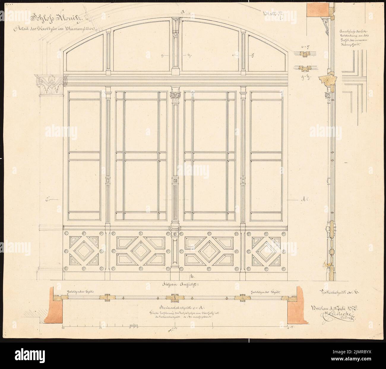 Lüdecke Carl Johann Bogislaw (1826-1894), Schloss Klonitz. Umbau und Erweiterung (18. Juli 1879): Rissing und 2 Schnitte der Glastür im Blumenzimmer, Maßstab Bar. Tinte und Bleistift Aquarell auf der Schachtel, 45,8 x 51,6 cm (inklusive Scankanten) Lüdecke Carl Johann Bogislaw (1826-1894): Schloss Klonitz. Umbau und Ausbau Stockfoto