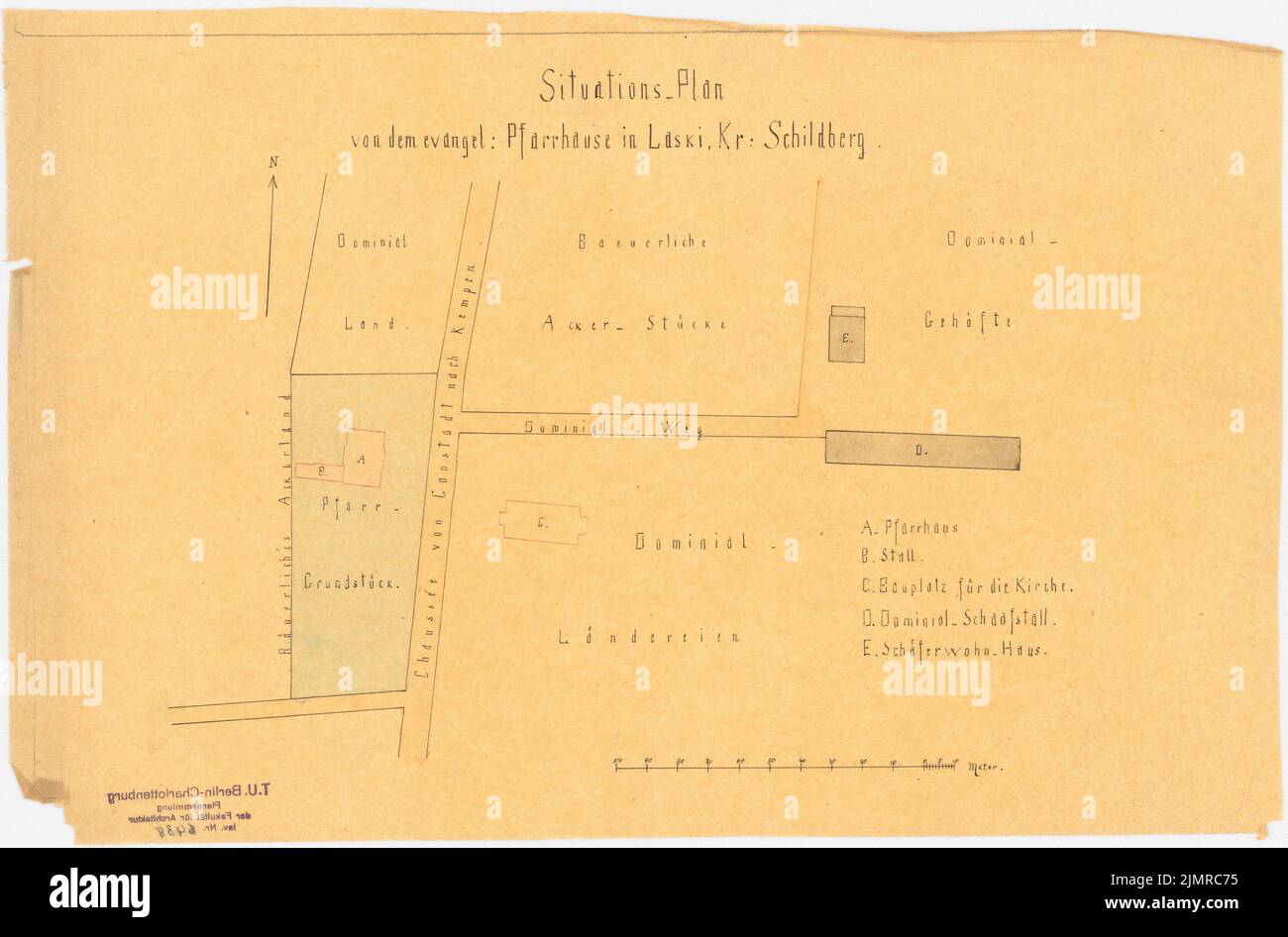 Lüdecke Carl Johann Bogislaw (1826-1894), Pfarrhaus in Laski bei Kempen. 2. Projekt (1875-1875): Lageplan Maßstabsbalken, ca. 1: 1000. Tusche, Tuschefarben, Aquarell auf Transparent, 27,6 x 42 cm (inklusive Scankanten) Lüdecke Carl Johann Bogislaw (1826-1894): Pfarrhaus, Laski bei Kempen. 2. Projekt Stockfoto