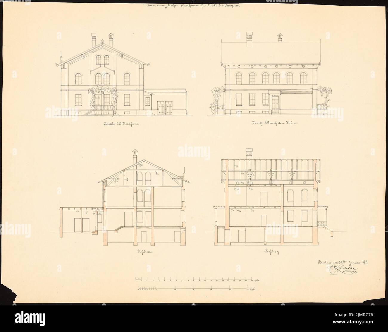 Lüdecke Carl Johann Bogislaw (1826-1894), Pfarrhaus in Laski bei Kempen. 1. Projekt (01/30/1875): Obere Nordseite, Gerichtsseite; Längsschnitt, Querschnitt, Skalenstreifen (Meter, Fuß). Tusche Aquarell auf der Schachtel, 52,7 x 67 cm (inklusive Scankanten) Lüdecke Carl Johann Bogislaw (1826-1894): Pfarrhaus, Laski bei Kempen. 1. Projekt Stockfoto