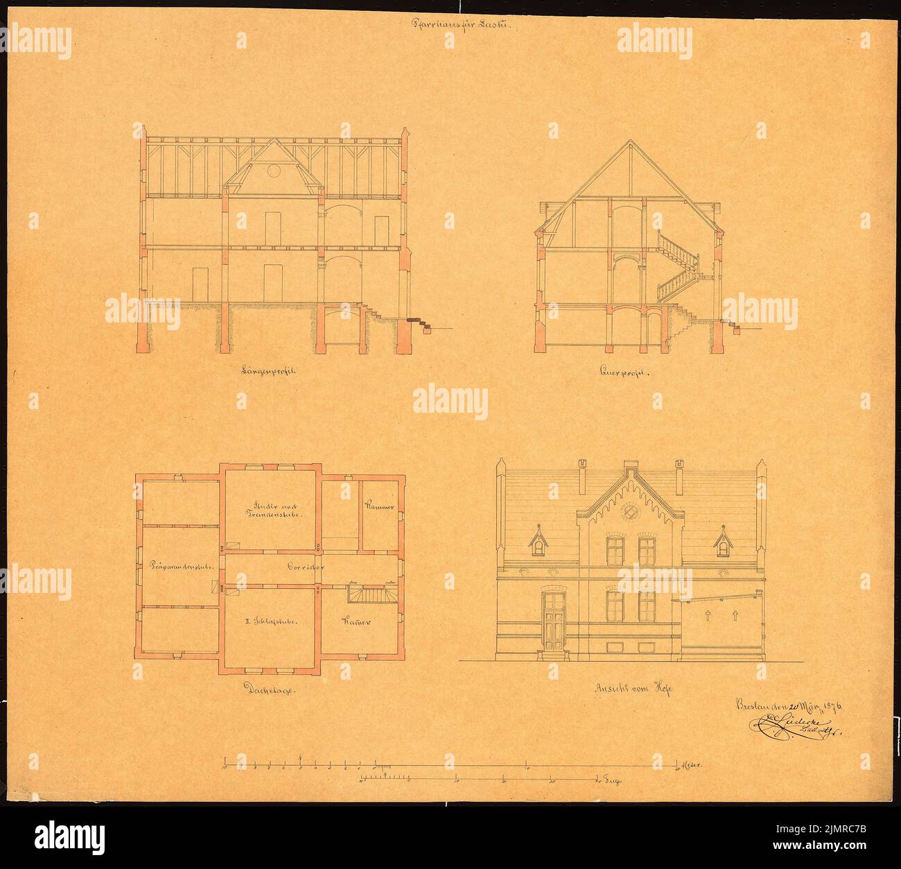 Lüdecke Carl Johann Bogislaw (1826-1894), Pfarrhaus in Laski bei Kempen. 2. Projekt (20.03.1876): Grundriss Dachgeschoss 1: 100, Oberer Hof Seite 1: 100, Längsschnitt, Querschnitt, Maßstabsstreifen (Meter und Fuß). Tusche Aquarell auf transparent, 53,3 x 59,6 cm (inklusive Scankanten) Lüdecke Carl Johann Bogislaw (1826-1894): Pfarrhaus, Laski bei Kempen. 2. Projekt Stockfoto