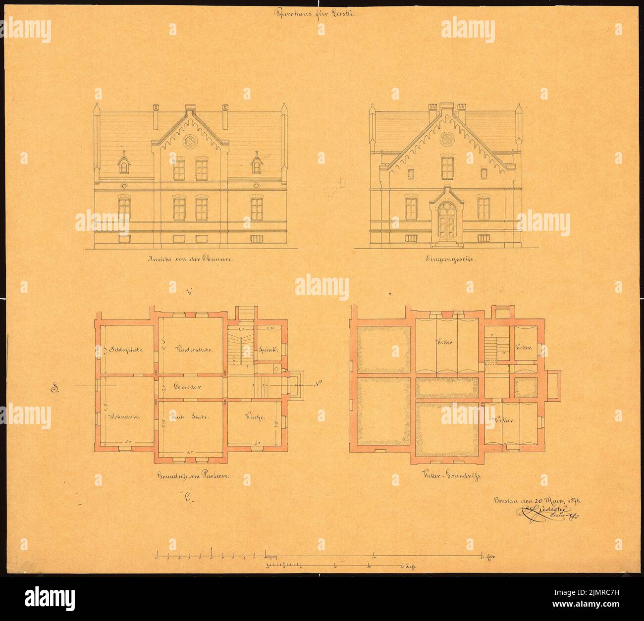 Lüdecke Carl Johann Bogislaw (1826-1894), Pfarrhaus in Laski bei Kempen. 2. Projekt (20.03.1876): Grundriss Keller, EG 1: 100, Riss Road View, Eingangsseite 1: 100, Maßstabsstreifen im Maßstab 2 (Meter, Fuß). Tusche Aquarell auf transparent, 53,1 x 59,2 cm (inklusive Scankanten) Lüdecke Carl Johann Bogislaw (1826-1894): Pfarrhaus, Laski bei Kempen. 2. Projekt Stockfoto