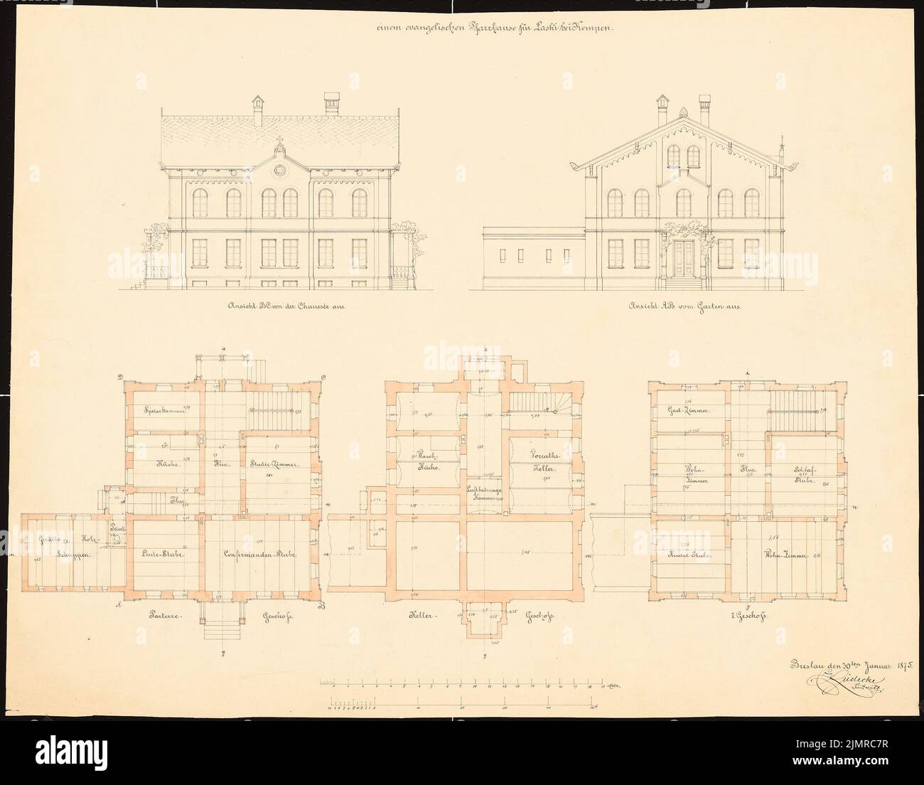 Lüdecke Carl Johann Bogislaw (1826-1894), Pfarrhaus in Laski bei Kempen. 1. Projekt (01/30/1875): Grundriss Keller, Erdgeschoss, 1.. Stock; Riss Street view, Garden view. Tusche, Tusche farbig, Aquarell auf Karton, 51,9 x 66,5 cm (inklusive Scankanten) Lüdecke Carl Johann Bogislaw (1826-1894): Pfarrhaus, Laski bei Kempen. 1. Projekt Stockfoto