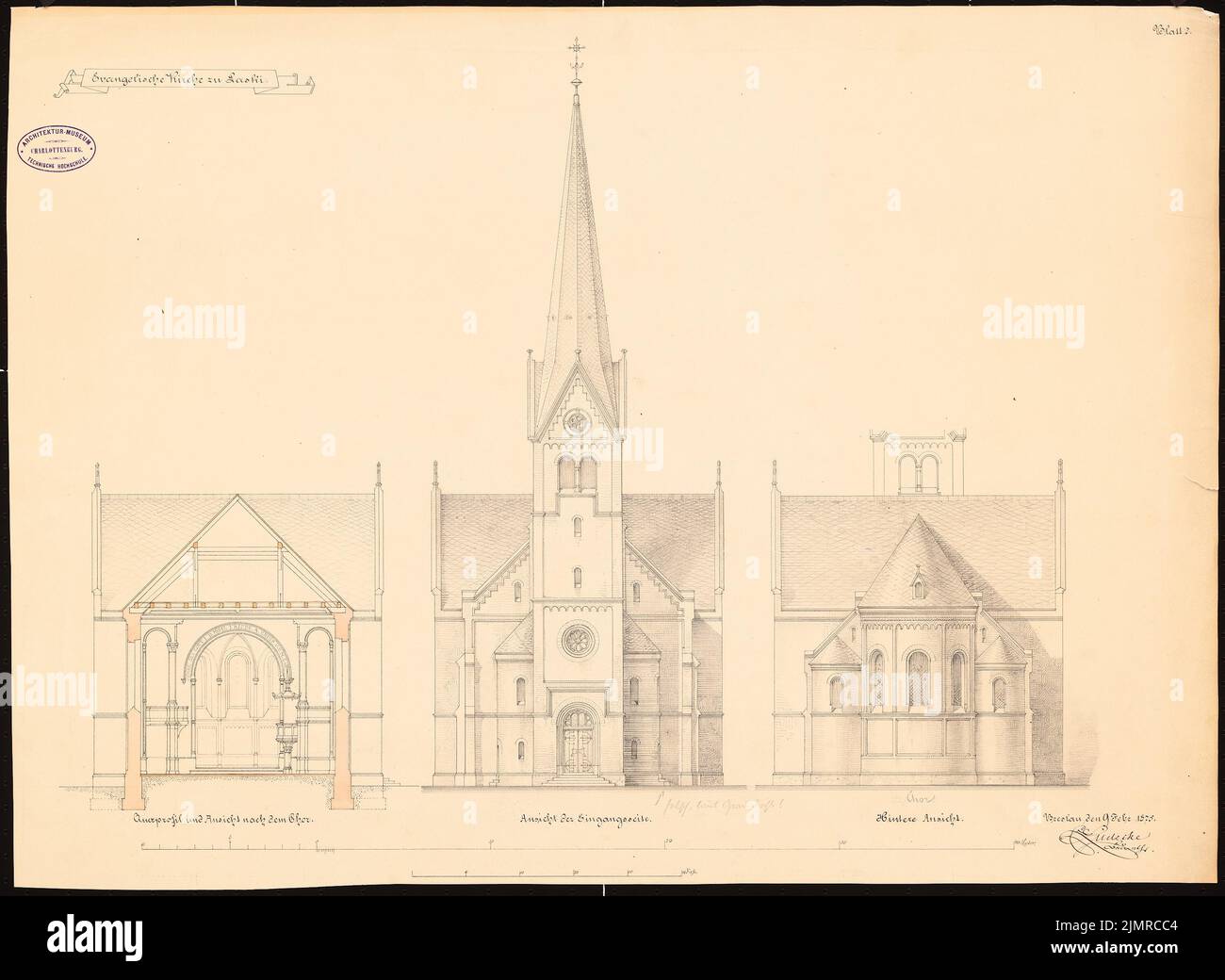 Lüdecke Carl Johann Bogislaw (1826-1894), Evangelische Kirche in Laski bei Kempen. 1. Projekt (09.02.1875): Obere Westansicht, Ostansicht, Querschnitt und Ansicht nach Chor, Skalenstreifen (Meter und Fuß). In der Tusche und Bleistift-Aquarell auf der Schachtel, 51,5 x 70,4 cm (inklusive Scankanten) Lüdecke Carl Johann Bogislaw (1826-1894): Evangelische Kirche, Laski bei Kempen. 1. Projekt Stockfoto