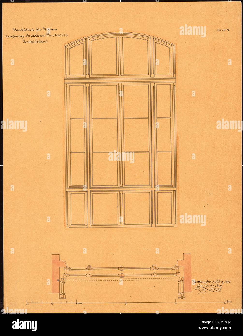 Lüdecke Carl Johann Bogislaw (1826-1894), Filiale der Preußischen Bank, Breslau (04.03.1875): Schalterhalle: Größeres Fenster in Grundriss und Umriss, Massstab 1:10. Tusche Aquarell auf transparent, 63,5 x 49,1 cm (inklusive Scankanten) Lüdecke Carl Johann Bogislaw (1826-1894): Filiale der Preußischen Bank, Breslau Stockfoto