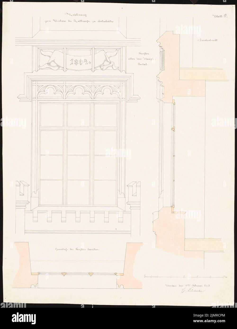 Lüdecke Carl Johann Bogislaw (1826-1894), Rathaus in Leobschütz. Umrechnung (14.02.1863): Fenster über dem Hauptportal: Oben, schneidet vertikal, horizontal, Skalenstreifen (Fuß). Tusche Aquarell auf der Schachtel, 61,5 x 47,4 cm (inklusive Scankanten) Lüdecke Carl Johann Bogislaw (1826-1894): Rathaus, Leobschütz. Umbau Stockfoto