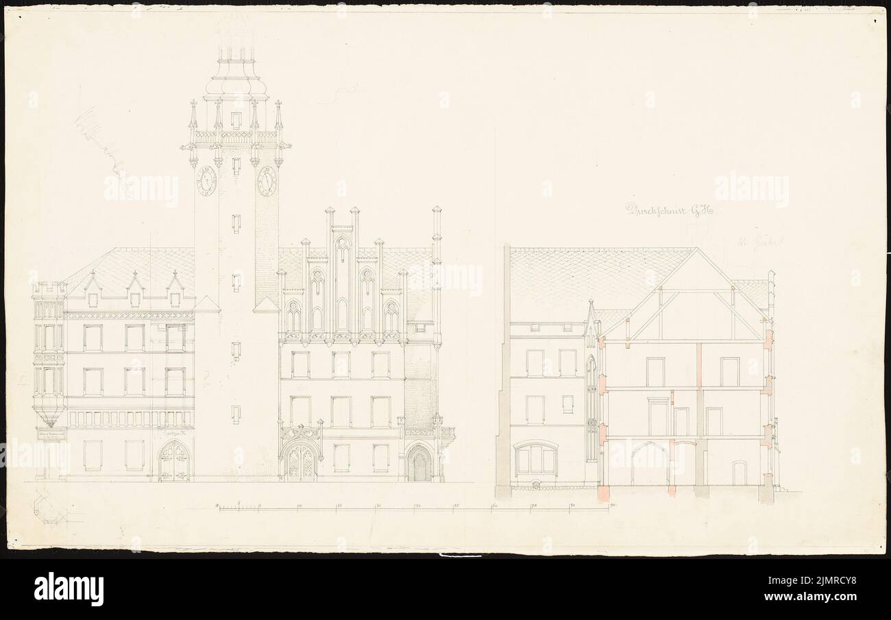 Lüdecke Carl Johann Bogislaw (1826-1894), Rathaus in Leobschütz. Umrechnung (1863-1863): Nordansicht, Schnitt G - H, Skalenbalken. Tusche, Bleistift-Aquarell auf der Schachtel, 38,1 x 60,7 cm (inklusive Scankanten) Lüdecke Carl Johann Bogislaw (1826-1894): Rathaus, Leobschütz. Umbau Stockfoto