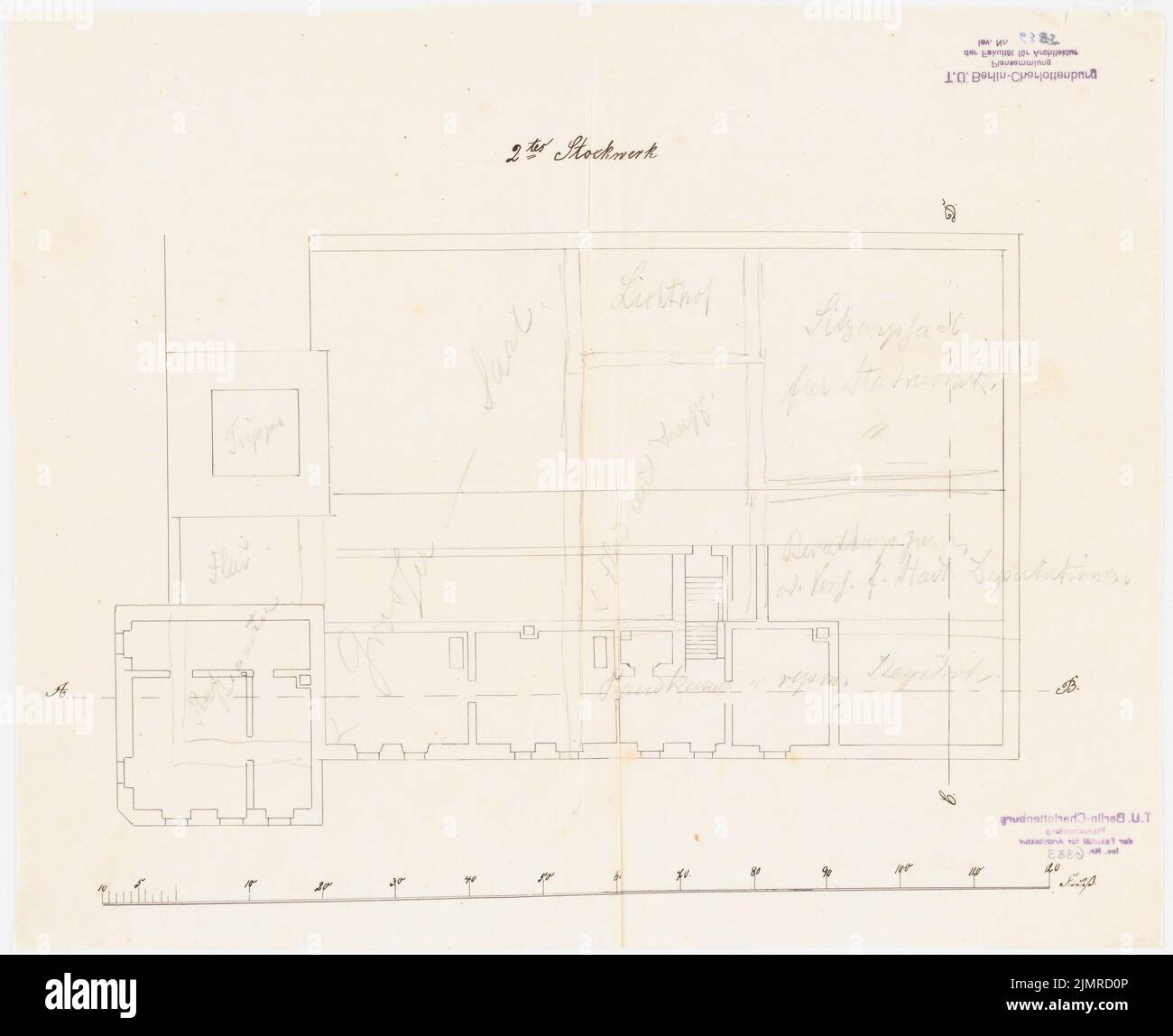 Lüdecke Carl Johann Bogislaw (1826-1894), Rathaus in Leobschütz. Umbau (1863-1863): Grundriß 2. Stock, Schubstreifen (Fuß). Tusche und Bleistift auf Transparent, 33,2 x 40,9 cm (inklusive Scankanten) Lüdecke Carl Johann Bogislaw (1826-1894): Rathaus, Leobschütz. Umbau Stockfoto