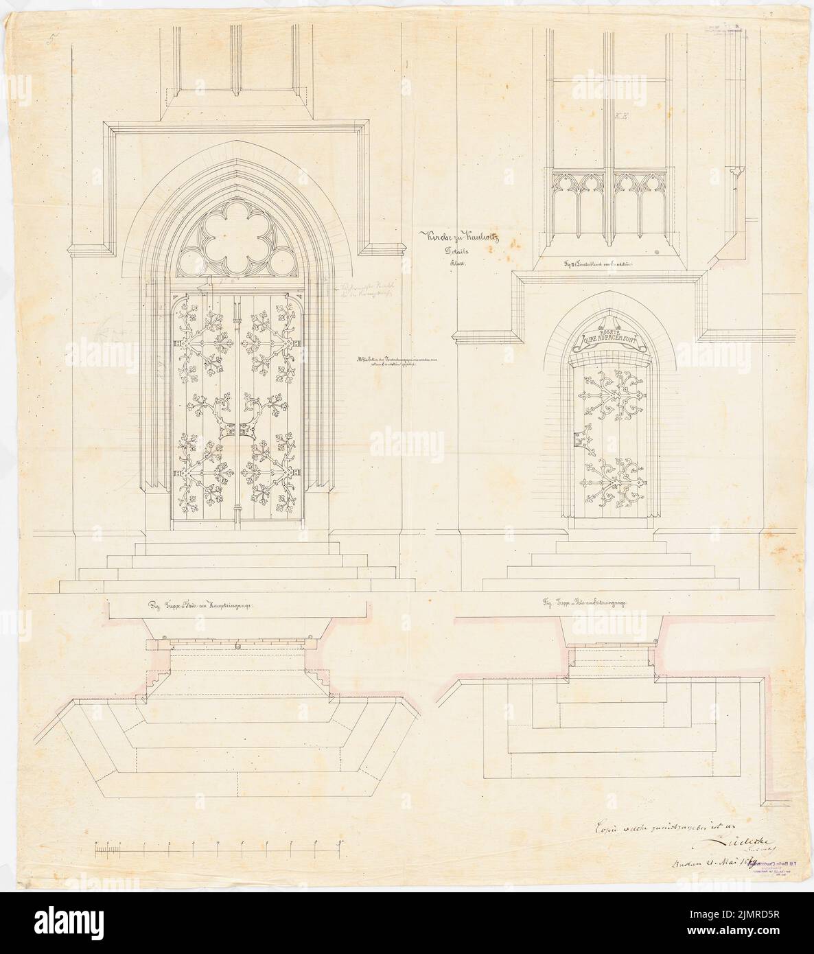 Lüdecke Carl Johann Bogislaw (1826-1894), Kirche in Kaulwitz (21. Mai 1869): 2 Grundrisse und 2 Reifen der Treppen und Türen zum Haupteingang und Seiteneingang, Fenster, Massstab. Tuser und Bleistift Aquarell auf Leinen, 95,1 x 86,8 cm (inklusive Scankanten) Lüdecke Carl Johann Bogislaw (1826-1894): Kirche, Kaulwitz Stockfoto