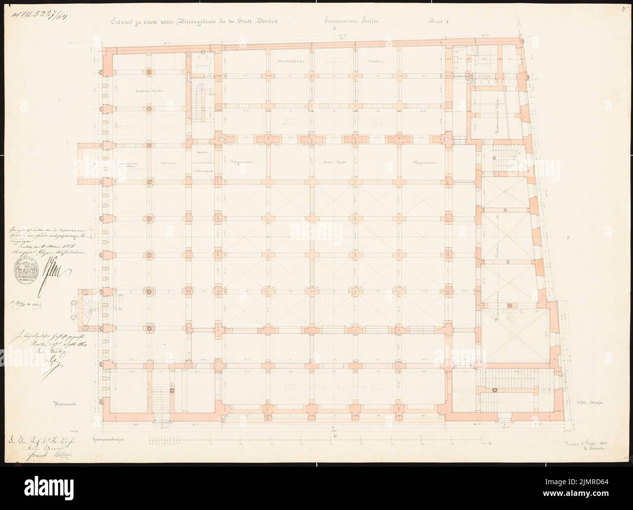 Lüdecke Carl Johann Bogislaw (1826-1894), Börse in Breslau. 5. Projekt (05.09.1864): Grundriss Keller, Maßstabsbalken. Tusche Aquarell auf der Schachtel, mit Bleistift ergänzt, 60,6 x 82,2 cm (inklusive Scankanten) Lüdecke Carl Johann Bogislaw (1826-1894): Börse, Breslau. 5. Projekt Stockfoto