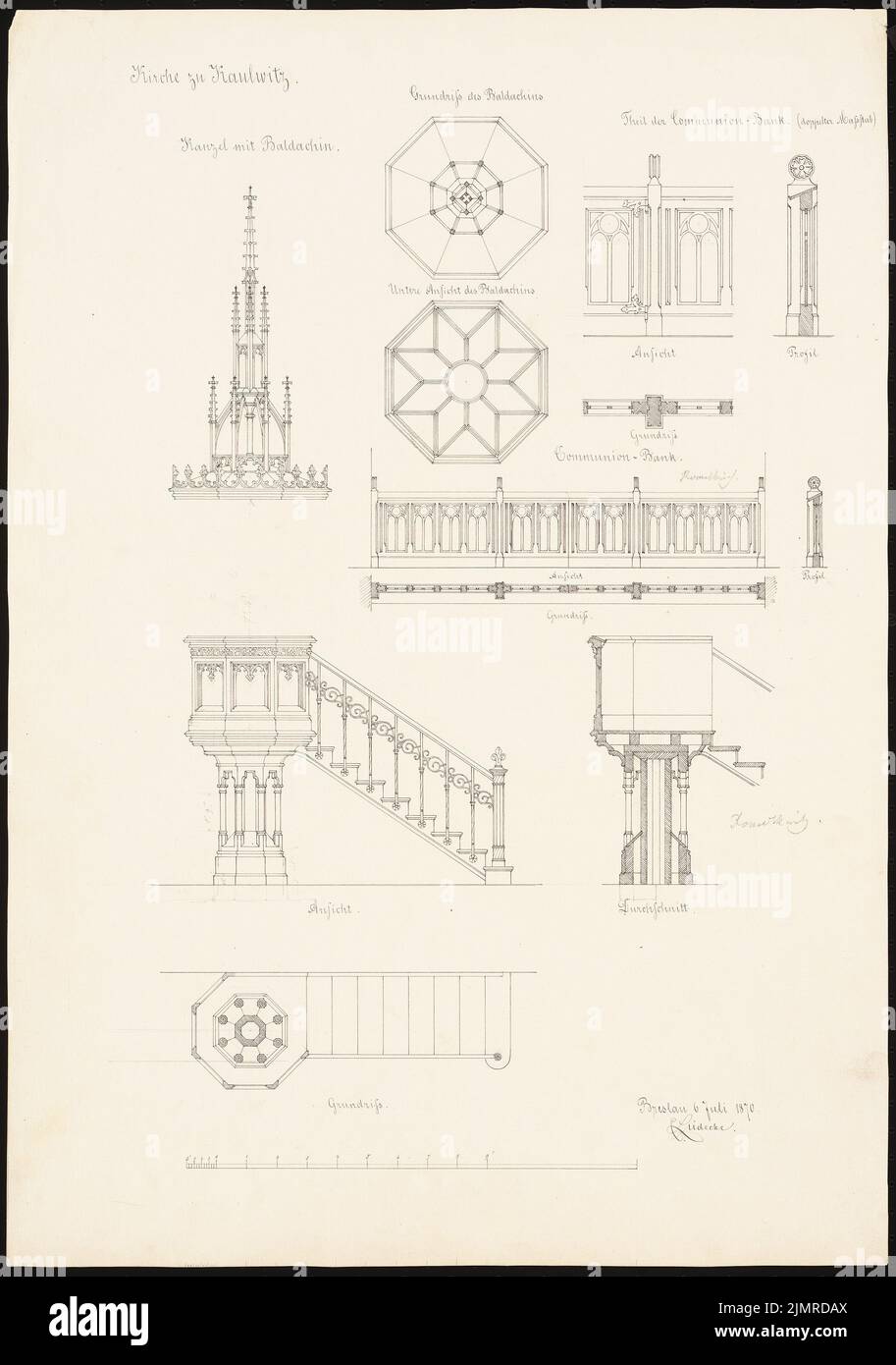 Lüdecke Carl Johann Bogislaw (1826-1894), Kirche in Kaulwitz (06.07.1870): Kanzel mit Baldachin, Teile der Kommunionsbank (zweifach): Grundrisse, Schnitte, Folter, Maßstabsbalken. Tinte und Bleistift auf Karton, 66,4 x 46,7 cm (inklusive Scankanten) Lüdecke Carl Johann Bogislaw (1826-1894): Kirche, Kaulwitz Stockfoto