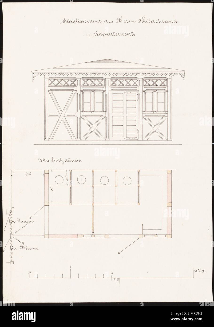 Lüdecke Carl Johann Bogislaw (1826-1894), Hildebrandt Wohnhaus mit Restaurant, Breslau (1871-1871): Altes Stallgebäude als WC-Haus Grundriß, aufrecht, maßstabsgetreck (Fuß). Tusche Aquarell auf der Schachtel, 29,2 x 20,4 cm (inklusive Scankanten) Lüdecke Carl Johann Bogislaw (1826-1894): Wohnhaus Hildebrandt mit Gaststätte, Breslau Stockfoto