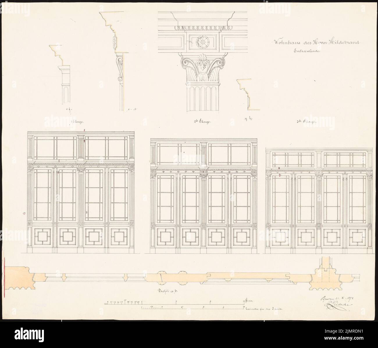 Lüdecke Carl Johann Bogislaw (1826-1894), Hildebrandt Wohnhaus mit Restaurant, Breslau (31. Oktober 1872): Wohntürwände 1. - 3. Etage: Einriss, Schnitt, Details, Maßstäben (Fuß- und Dezimalstreifen). Tusche, Bleistift-Aquarell auf der Schachtel, 47,6 x 55,9 cm (inklusive Scankanten) Lüdecke Carl Johann Bogislaw (1826-1894): Wohnhaus Hildebrandt mit Gaststätte, Breslau Stockfoto