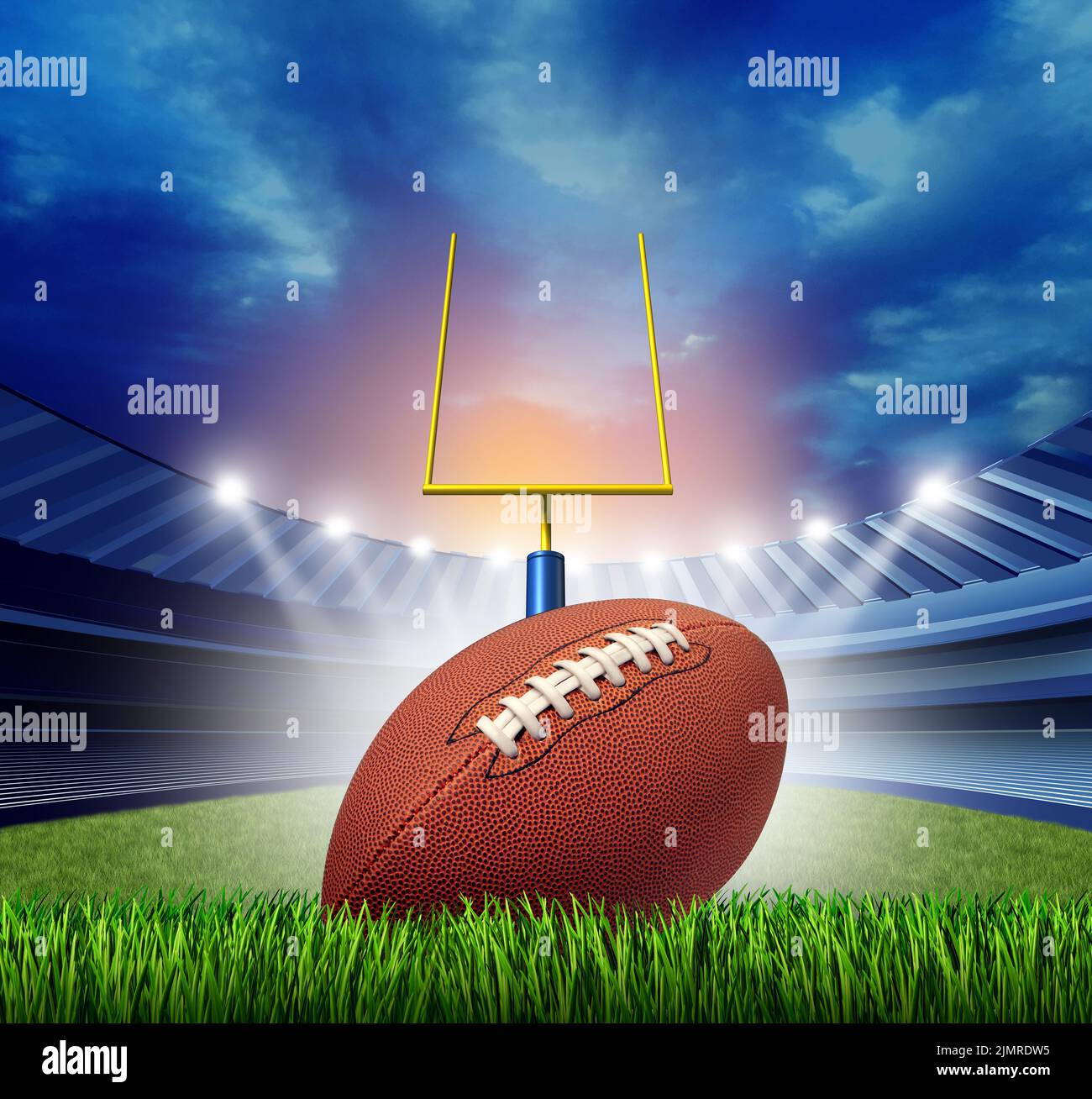 Fußball-Stadionball und Sportplatz als amerikanische Sportarena oder Feldtor- und Touchdown-Konzept als Mannschaftssportwettbewerb mit 3D Illustration Stockfoto