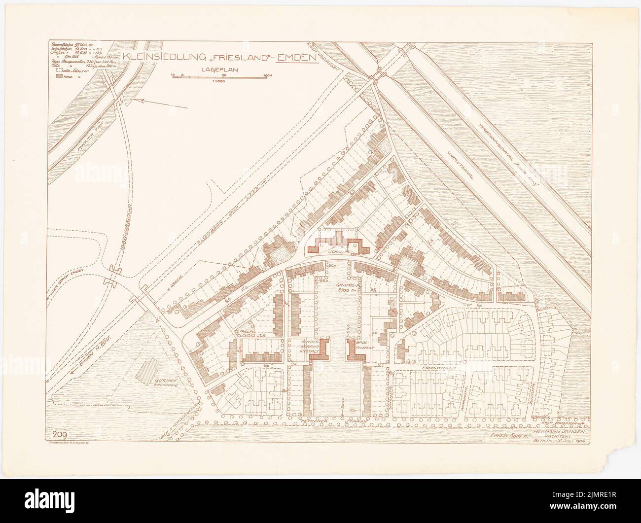 Jansen Hermann (1869-1945), Kleinsiedlung Friesland, Emden (26. Juli 1916): Abteilung 1: 1000. Druck auf Karton, 56,2 x 75,2 cm (inklusive Scankanten) Jansen Hermann (1869-1945): Kleinsiedlung Friesland, Emden Stockfoto