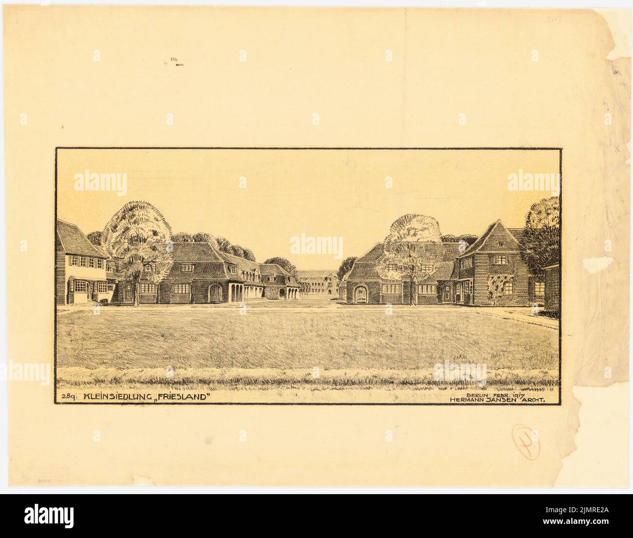 Jansen Hermann (1869-1945), Kleinsiedlung Friesland, Emden (02,1917): Blick über die Grünfläche vom Badebetrieb auf das Schulgebäude. Kreide auf transparent, 55,6 x 71,3 cm (inklusive Scankanten) Jansen Hermann (1869-1945): Kleinsiedlung Friesland, Emden Stockfoto