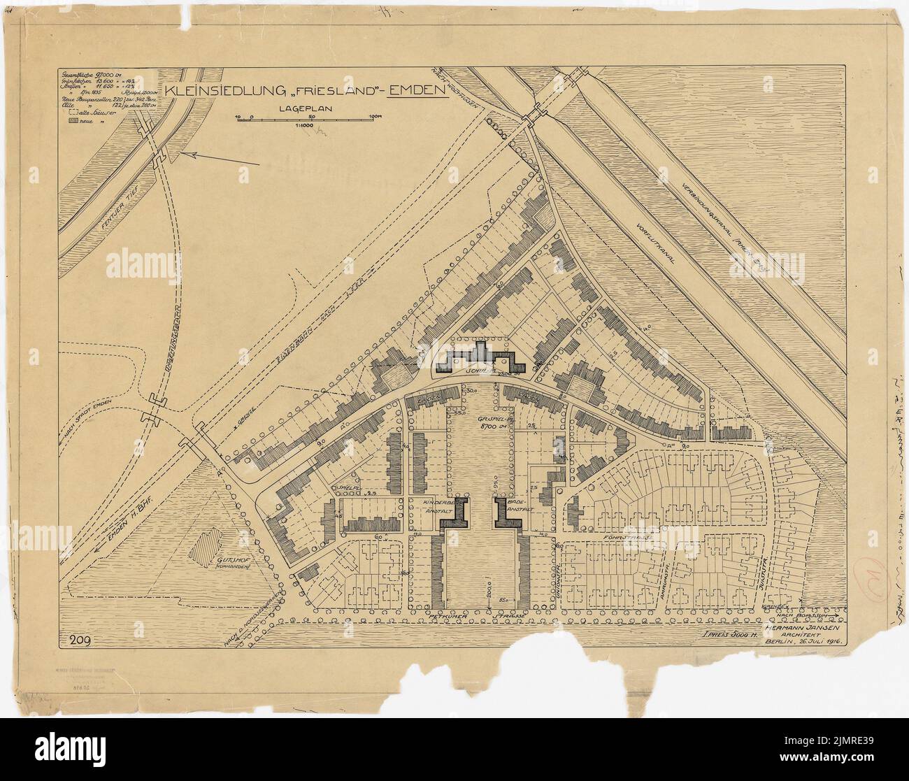 Jansen Hermann (1869-1945), Kleinsiedlung Friesland, Emden (26. Juli 1916): Abteilung 1: 1000. Tusche auf Transparent, 58,2 x 73,6 cm (inklusive Scankanten) Jansen Hermann (1869-1945): Kleinsiedlung Friesland, Emden Stockfoto