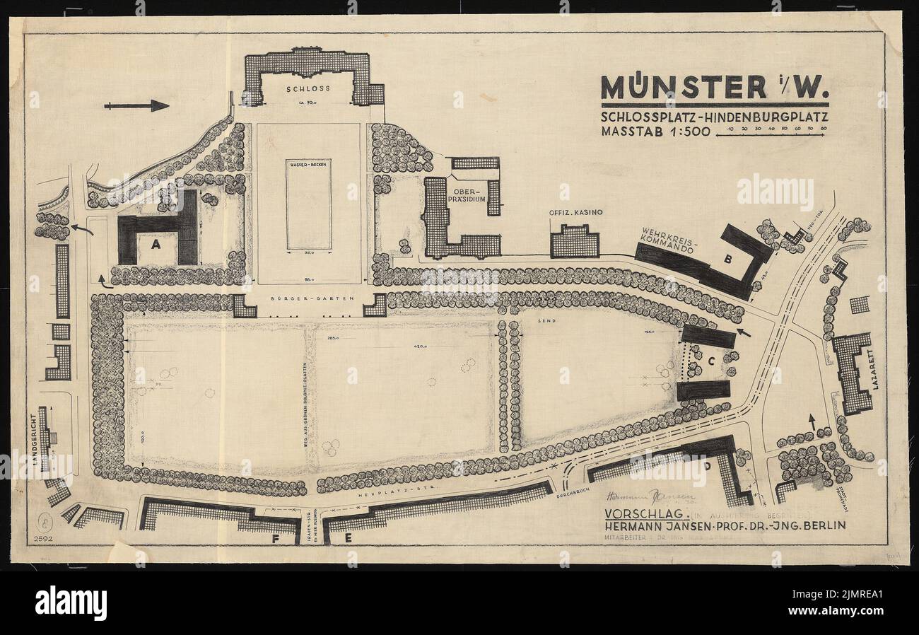 Jansen Hermann (1869-1945), Entwicklungsplan für den Schlossplatz-Hindenburgplatz in Münster (27. Januar 1930): Abteilung 1: 500. Kohle auf Transparent, 85,8 x 138,1 cm (inklusive Scan-Kanten) Jansen Hermann (1869-1945): Bebauungsplan für den Schlossplatz-Hindenburgplatz, Münster Stockfoto