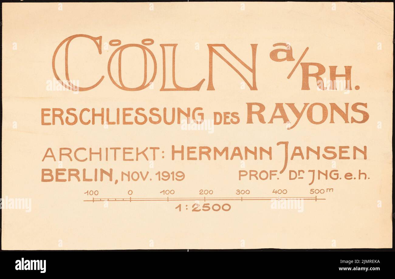 Jansen Hermann (1869-1945), Wettbewerb um die Entwicklung des inneren Rayon, Köln (11,1919): Schriftfeld (für die Blätter I, II, III, IV, V), (Druck nach Inv.-Nr. L 20960, S. Druck auf Karton, 26,9 x 42,1 cm (inklusive Scan-Kanten) Jansen Hermann (1869-1945): Wettbewerb zur Bebauung des Inneren Rayons, Köln Stockfoto