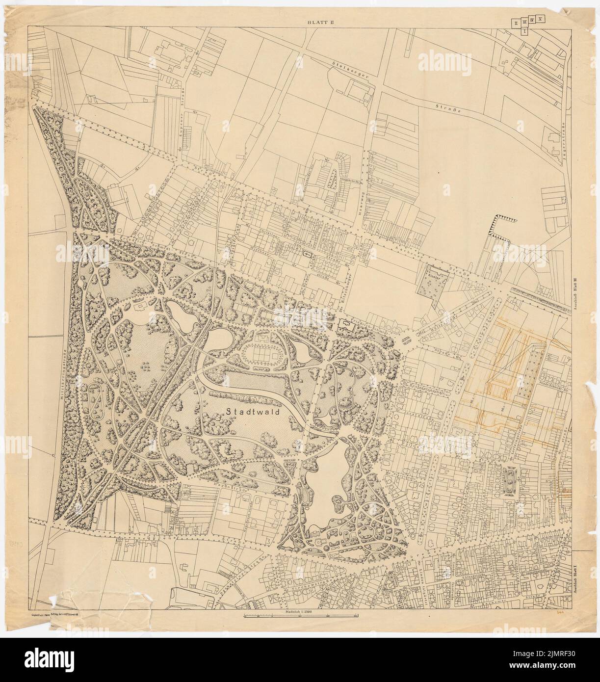 Jansen Hermann (1869-1945), Wettbewerb um die Entwicklung des inneren Rayon, Köln (1919-1919): Grundplan auf Grundkarte 1: 2500. Druck auf Transparent, 91,5 x 86,1 cm (inklusive Scan-Kanten) Jansen Hermann (1869-1945): Wettbewerb zur Bebauung des Inneren Rayons, Köln Stockfoto