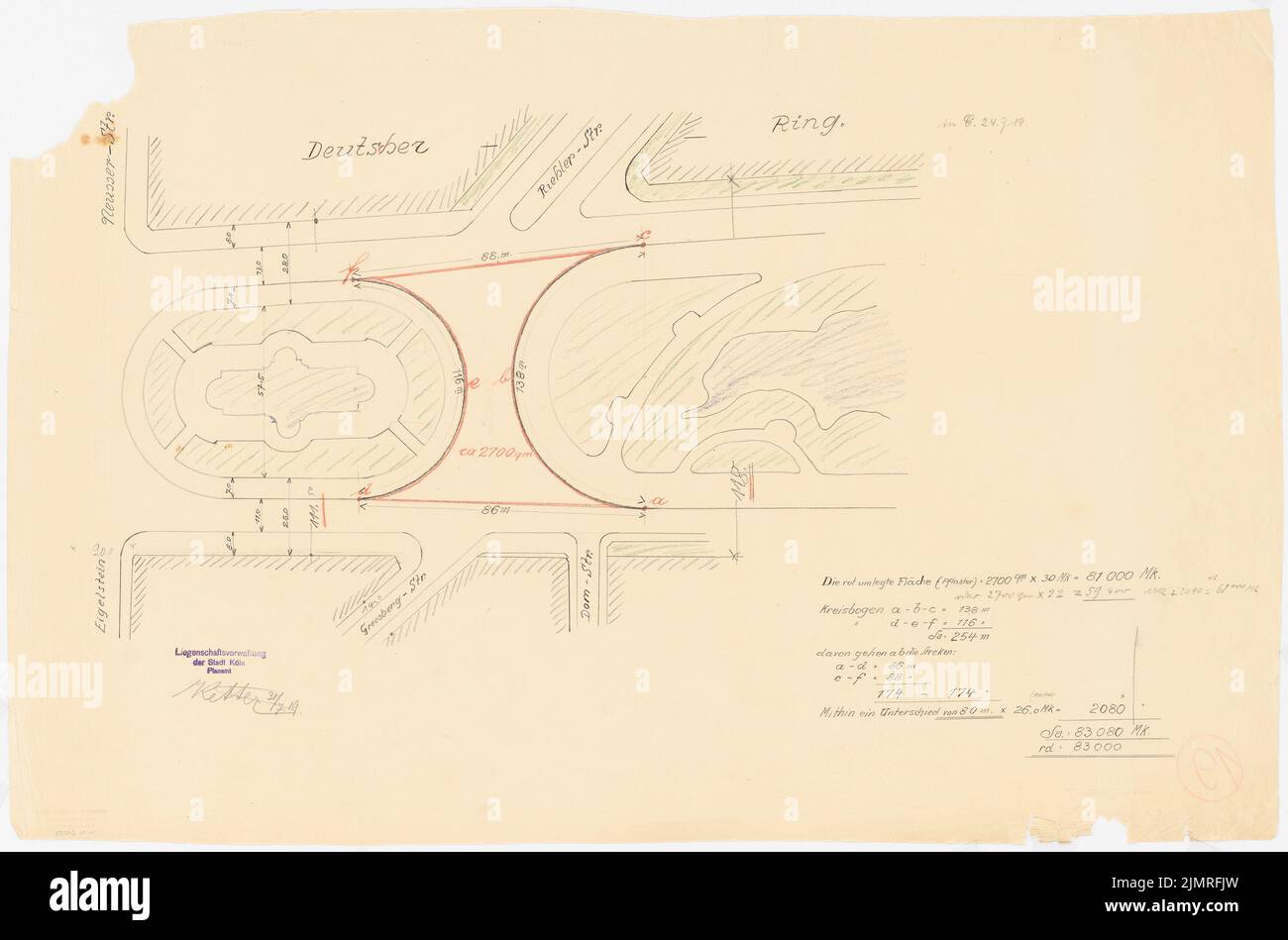 Unbekannter Autor, Stadtplan der Stadt Köln. Das Projekt gehört: Hermann Jansen, Wettbewerb für die Entwicklung des inneren Rayon, Köln (30. Juli 1919): Grundplan 1: 500, Deutscher Ring, Freigabe von Straßenbelägen. Bleistift und Farbstift auf transparent, 56,9 x 86 cm (inklusive Scankanten) unbek. Verfasser : Karte der Stadt Köln. Zum Projekt gehört: Hermann Jansen, Wettbewerb zur Bebauung des Inneren Rayons, Köln Stockfoto