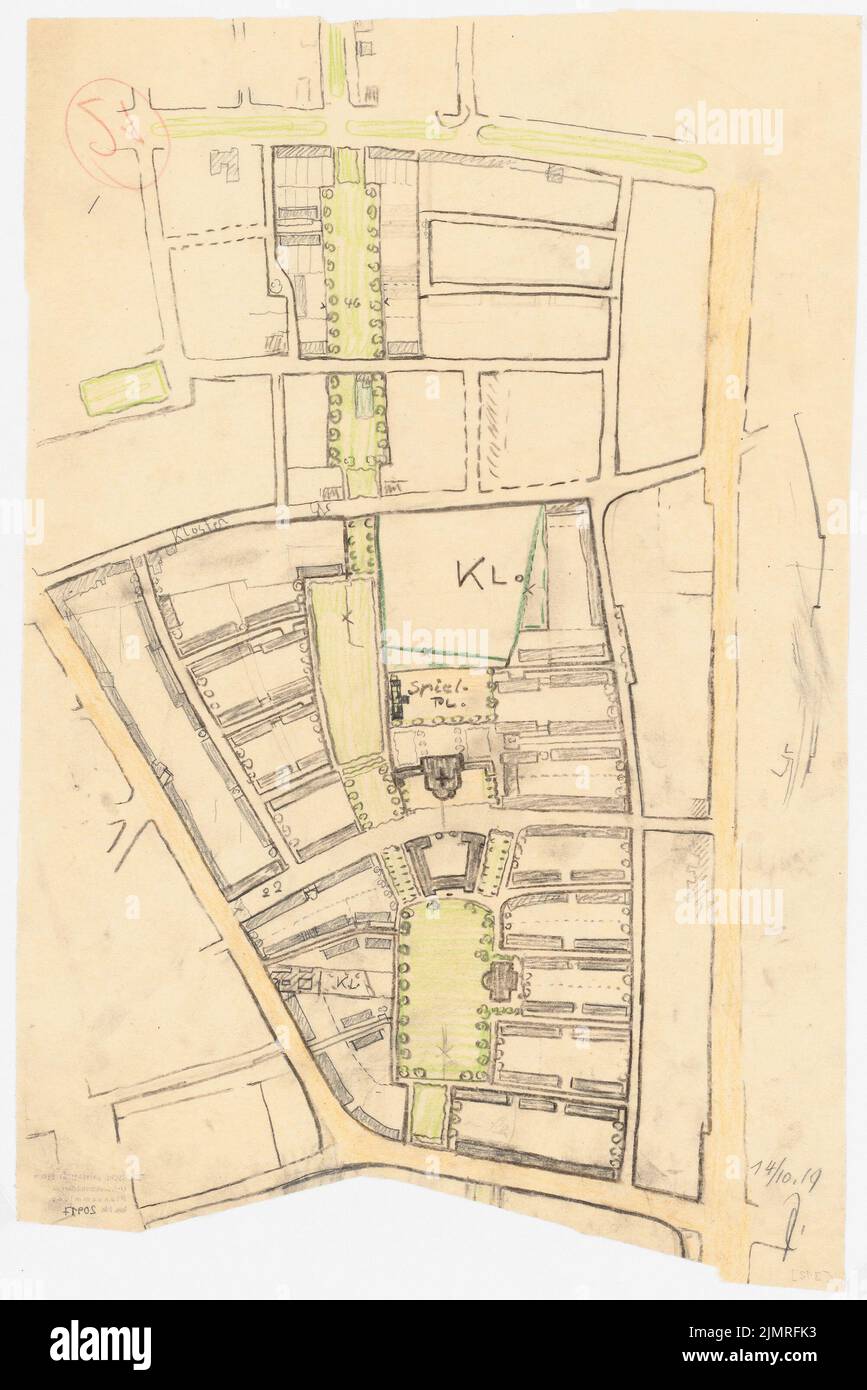 Jansen Hermann (1869-1945), Wettbewerb um die Entwicklung des Innenrayon, Köln (14. Oktober 1919): Südschnitt-Lageplan, mittlerer Teil, Westverbindung 1: 2500. Kohle, Buntstift und Bleistift auf transparent, 55,5 x 37 cm (inkl. Scan Edges) Jansen Hermann (1869-1945): Wettbewerb zur Bebauung des Inneren Rayons, Köln Stockfoto