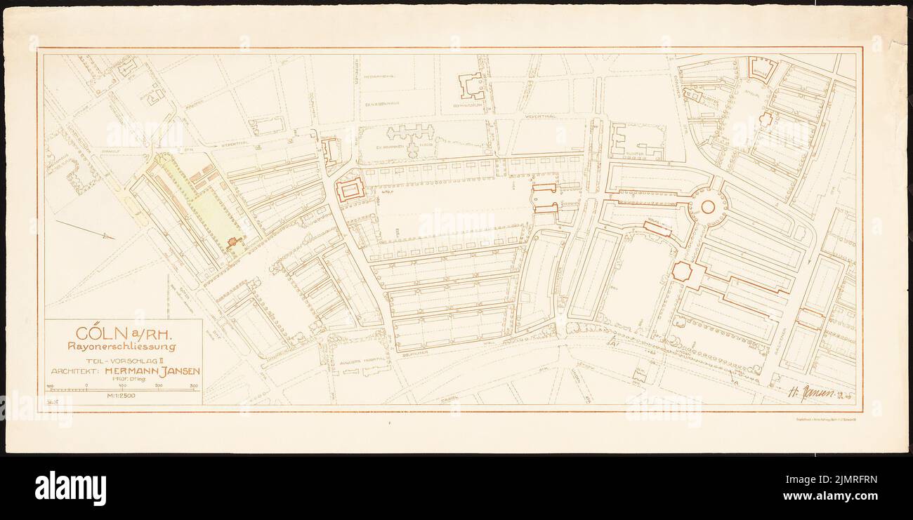 Jansen Hermann (1869-1945), Wettbewerb um die Entwicklung des Innenrayon, Köln (19. November 1919): Grundrissplan Platzgestaltung Aachener Str. Teilantrag II 1: 2500. Farbbleistift Überdruck auf Karton, 51,1 x 102 cm (inklusive Scan-Kanten) Jansen Hermann (1869-1945): Wettbewerb zur Bebauung des Inneren Rayon, Köln Stockfoto