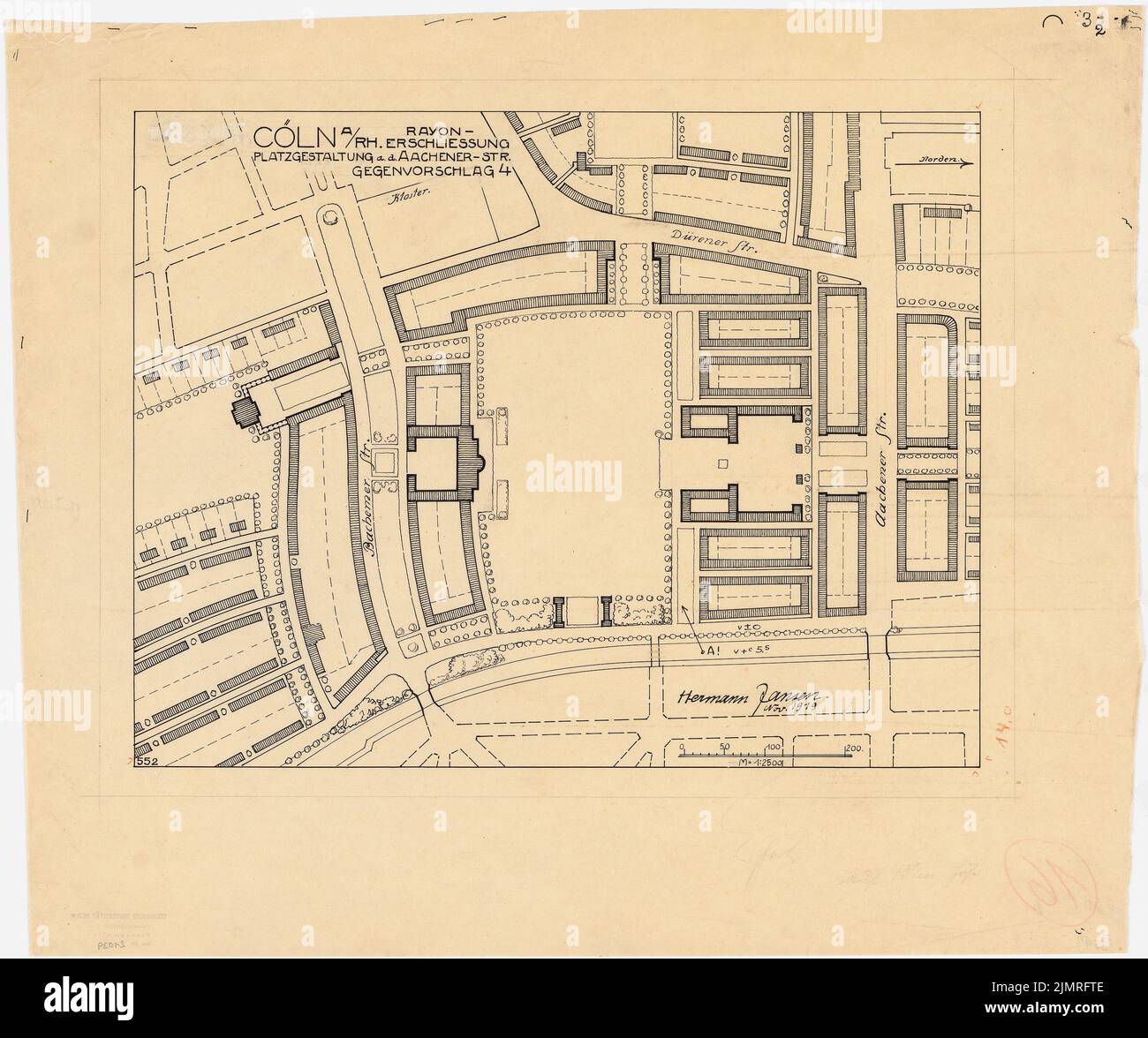 Jansen Hermann (1869-1945), Wettbewerb um die Entwicklung des inneren Rayon, Köln (11,1919): Grundplan Raumgestaltung Aachener Str. Tusche auf Transparent, 48 x 57,5 cm (inklusive Scankanten) Jansen Hermann (1869-1945): Wettbewerb zur Konstruktion des inneren Rayon, Köln Stockfoto