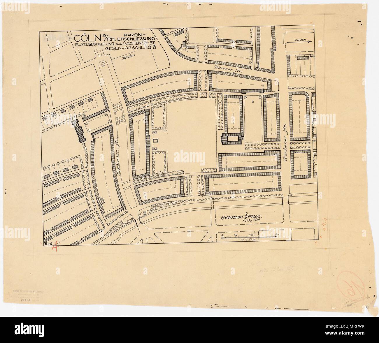 Jansen Hermann (1869-1945), Wettbewerb um die Entwicklung des inneren Rayon, Köln (11,1919): Grundplan Raumgestaltung Aachener Str. Tusche auf Transparent, 48,5 x 58 cm (inklusive Scankanten) Jansen Hermann (1869-1945): Wettbewerb zur Konstruktion des inneren Rayon, Köln Stockfoto