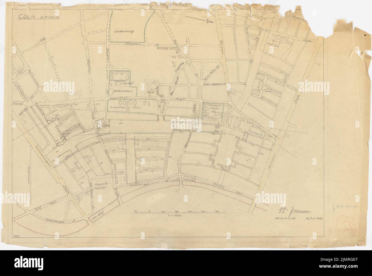 Jansen Hermann (1869-1945), Wettbewerb um die Entwicklung des inneren Rayon, Köln (19. Juli 1919): Grundplan 1: 2500. Bleistift und Farbstift auf Transparent, 73,5 x 109,2 cm (inklusive Scankanten) Jansen Hermann (1869-1945): Wettbewerb zur Bebauung des Inneren Rayons, Köln Stockfoto