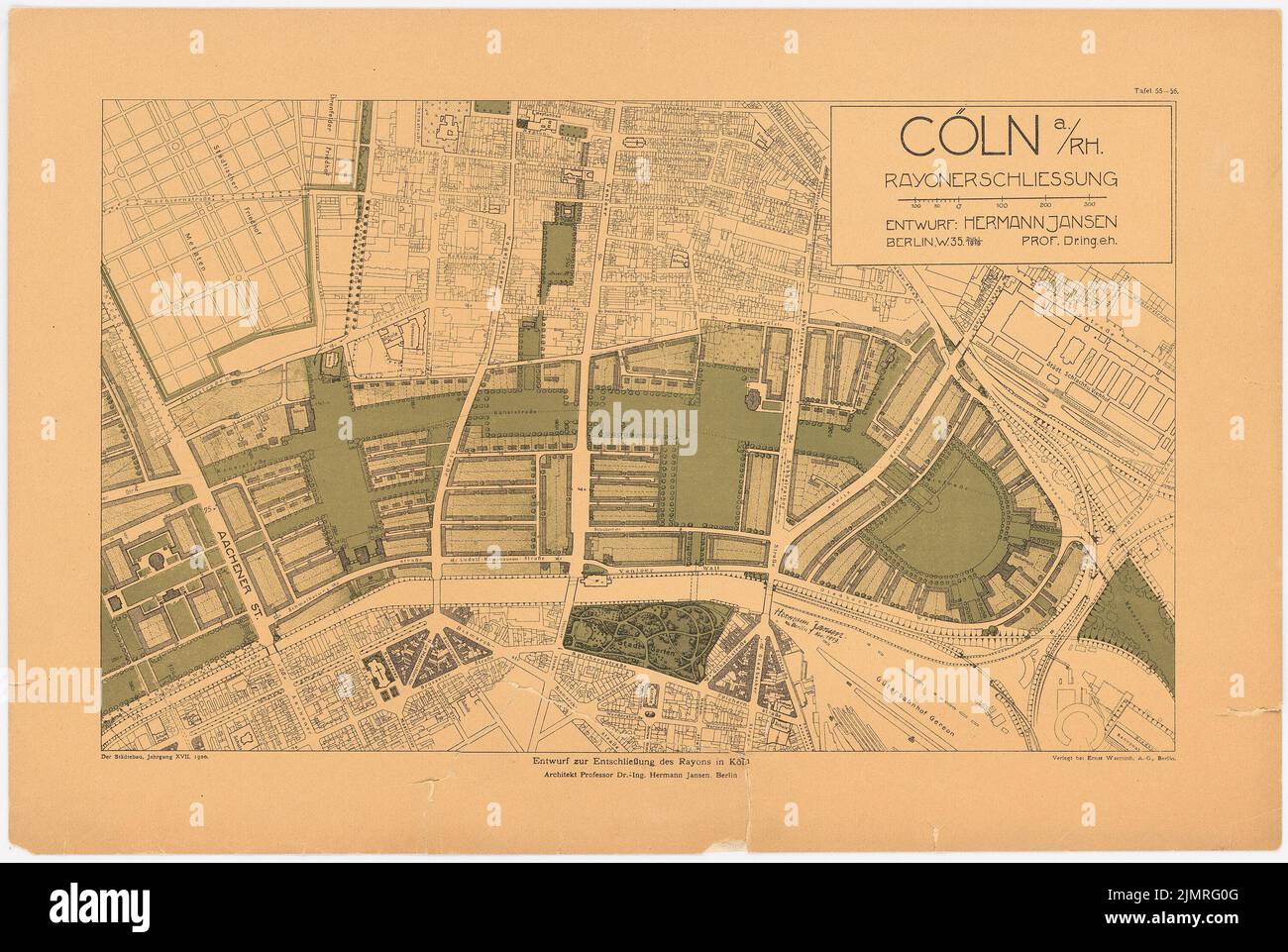Jansen Hermann (1869-1945), Wettbewerb um die Entwicklung des inneren Rayon, Köln. (Aus Richtung Der Städtebau, 17 (1920) Tafel 55-56.) (11,1919): Grund- und Lageplanabschnitt zwischen Lukassstraße und Aachener Straße 1: 5000. Farbiger Druck auf Karton, 39,9 x 59,5 cm (inklusive Scan-Kanten) Jansen Hermann (1869-1945): Wettbewerb zur Bebauung des Inneren Rayons, Köln. (Aus: Der Städtebau, 17(1920)Tafel 55-56) Stockfoto