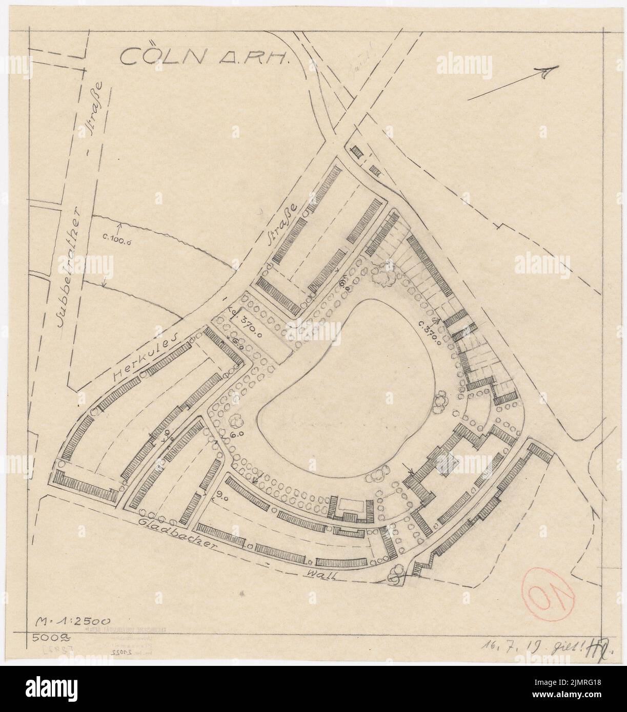 Jansen Hermann (1869-1945), Wettbewerb um die Entwicklung des inneren Rayon, Köln (16. Juli 1919): Grundplan 1: 2500. Bleistift auf Transparent, 39,4 x 37 cm (inklusive Scan-Kanten) Jansen Hermann (1869-1945): Wettbewerb zur Bebauung des Inneren Rayons, Köln Stockfoto