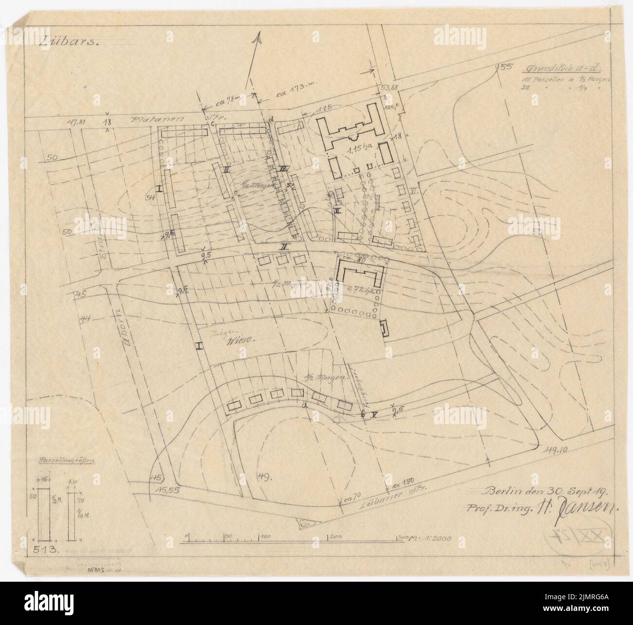 Jansen Hermann (1869-1945), Teilentwicklungsplan für Lübars, Berlin-Reinickendorf (30. September 1919): Abteilung 1: 2000. Bleistift auf Transparent, 41,8 x 45,5 cm (inklusive Scankanten) Jansen Hermann (1869-1945): Teilbebauungsplan für Lübars, Berlin-Reinickendorf Stockfoto