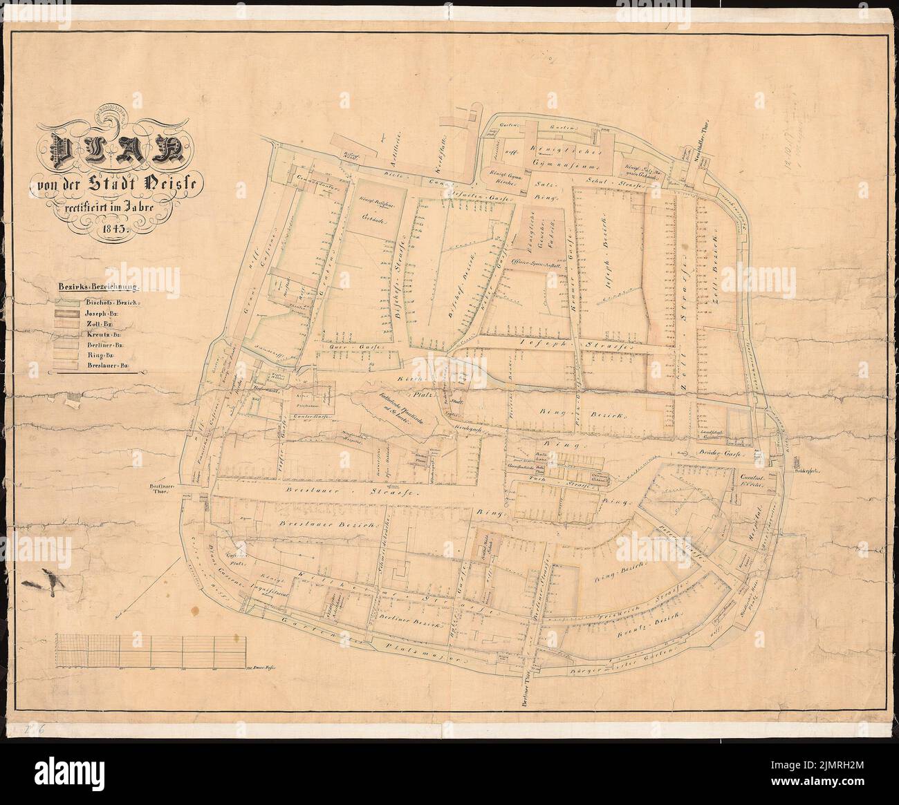 Unbekannter Autor, Siedlung für Kriegsverletzte, Neisse (12.10.1917): Karte der Stadt Neiße von 1843 als Planungsdokument 1: 2000. Tinte, Tinte farbig, Aquarell auf Papier, 92,1 x 111,3 cm (inklusive Scankanten) unbek. Verfasser : Siedlung für Kriegsverletzte, Neiße Stockfoto