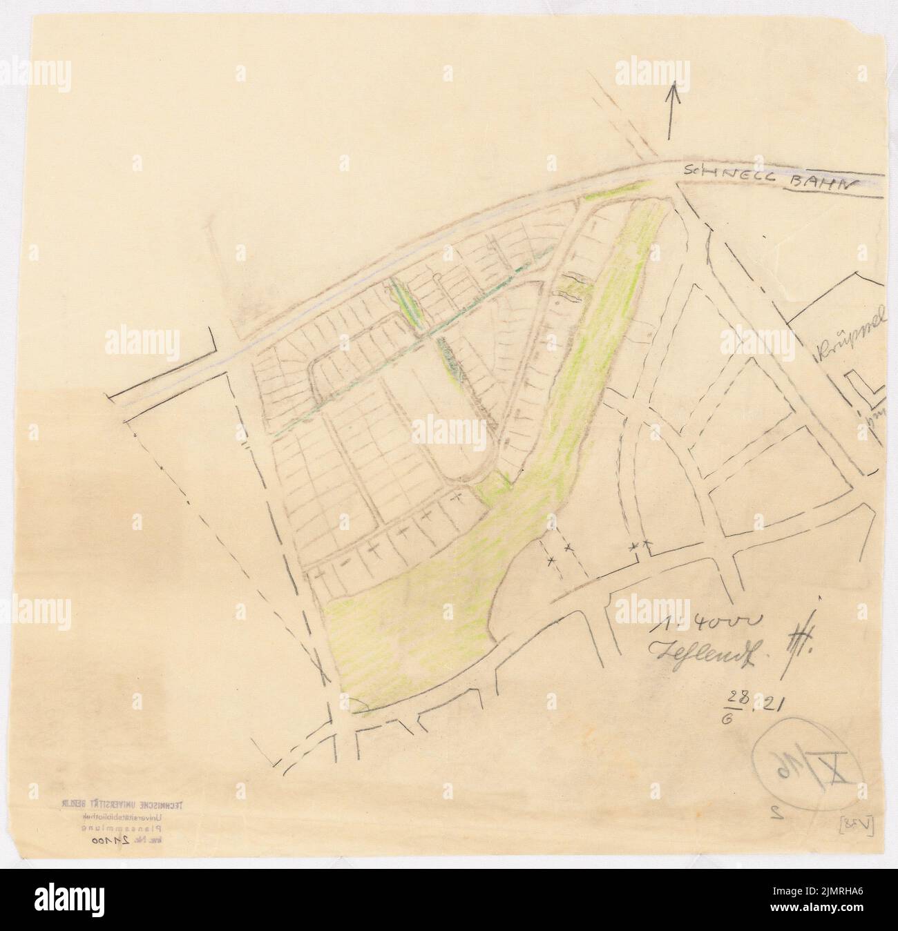 Jansen Hermann (1869-1945), Siedlungsplan Fischtalgrund, Berlin-Zehlendorf (28. Juni 1921): Grundplan 1: 4000. Bleistift, Buntstift und Kohle auf transparent, 34,7 x 35,9 cm (inklusive Scankanten) Jansen Hermann (1869-1945): Siedlungsplan Fischtalgrund, Berlin-Zehlendorf Stockfoto