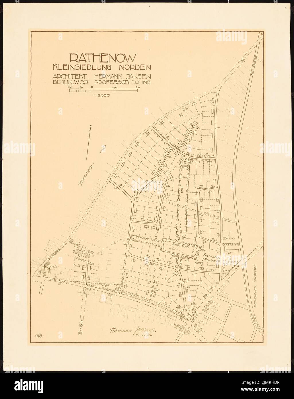 Jansen Hermann (1869-1945), Bauplan Kleinsiedlung Norden, Rathenow (01.04.1921): Grund- und D MOVE Plan 1: 2500, (von Inv. Nr. 21092). Leichter Bruch auf Karton, 65,5 x 51,6 cm (inklusive Scankanten) Jansen Hermann (1869-1945): Bauplan Kleinsiedlung Norden, Rathenow Stockfoto