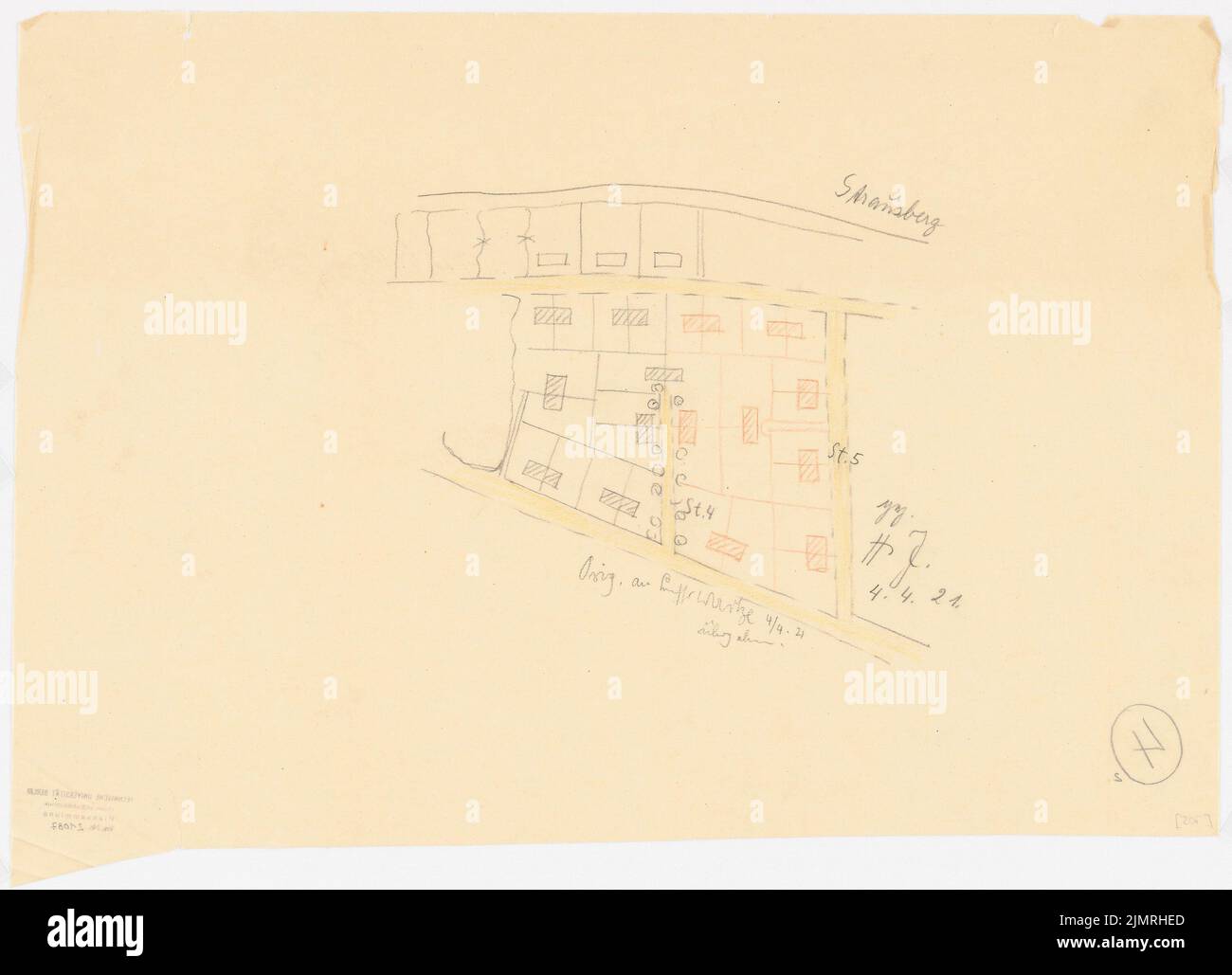 Jansen Hermann (1869-1945), Teilentwicklungsplan, Strausberg (04.04.1921): Parzellierungsplan 1: 2000, Entwurf 2 (Variante). Buntstift und Bleistift auf transparent, 40,2 x 55,6 cm (inklusive Scankanten) Jansen Hermann (1869-1945): Teilbebauungsplan, Strausberg Stockfoto