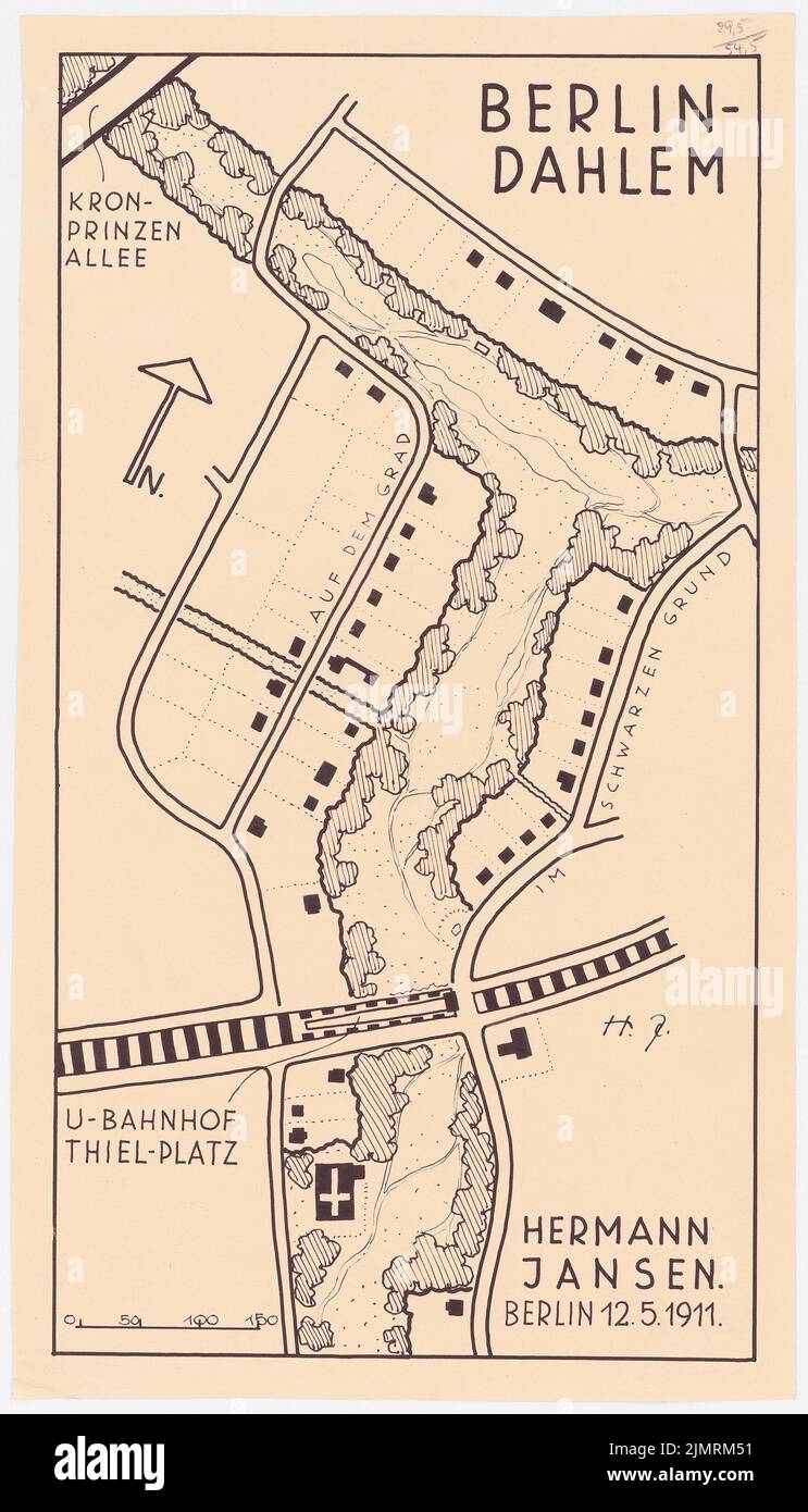 Jansen Hermann (1869-1945), Park zwischen Thielplatz und U-Bahnstation Grunewald, Berlin-Dahlem (12.05.1911): Abteilung 1: 2000 (von Inv.Nr. 21925) (Inv.-Nr. 21926-28 identisch). Leichter Bruch auf Papier, 59,4 x 34 cm (inklusive Scankanten) Jansen Hermann (1869-1945): Parkanlage zwischen U-Bahnhof Thielplatz und Grunewald, Berlin-Dahlem Stockfoto