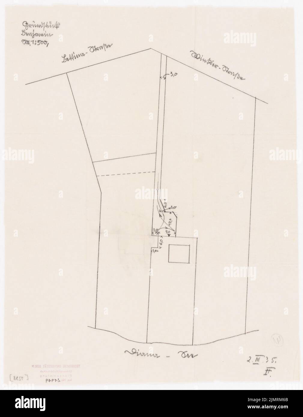 Jansen Hermann (1869-1945), Haus Jansen in Berlin-Grunewald (02.03.1935): Private Straße und Wendepunkt, Lageplan 1: 500. Bleistift auf Transparent, 38,9 x 30,2 cm (inklusive Scankanten) Jansen Hermann (1869-1945): Haus Jansen, Berlin-Grunewald Stockfoto